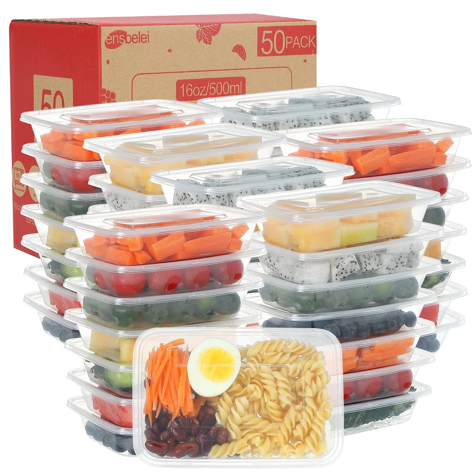 16oz Disposable Food Storage Containers with Airtight Lids, 50Pcs Reusable Deli Meal Prep Containers, Leakproof, Microwaveable, Dishwasher & Freezer Safe