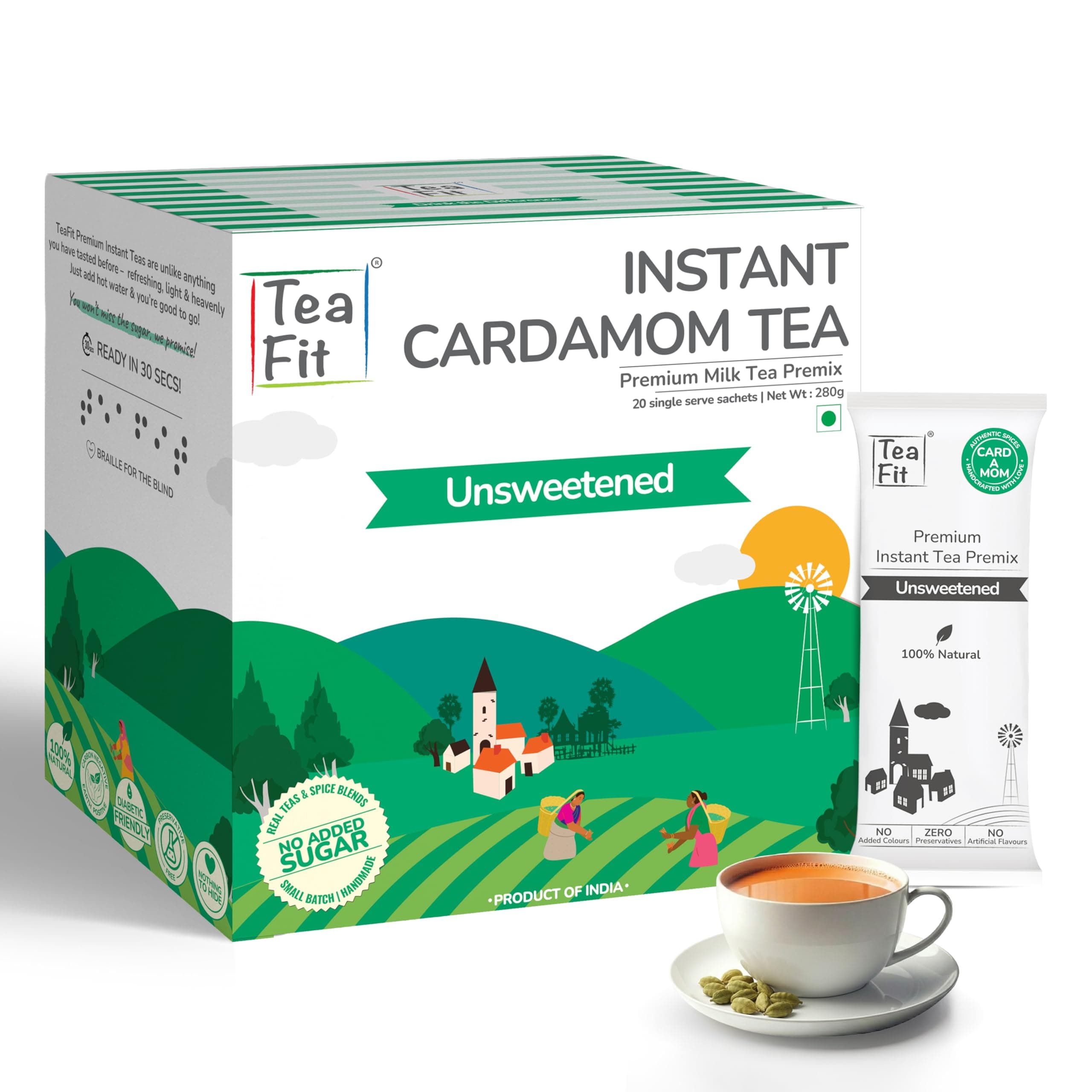 Premium NO SUGAR Instant Cardamom Tea Premix | Pack of 20 Sachets (280gm) | Real Milk & Cardamom | Home Style Elaichi Chai | Milk Tea Premix | Diabetic Friendly | No Added Sweeteners
