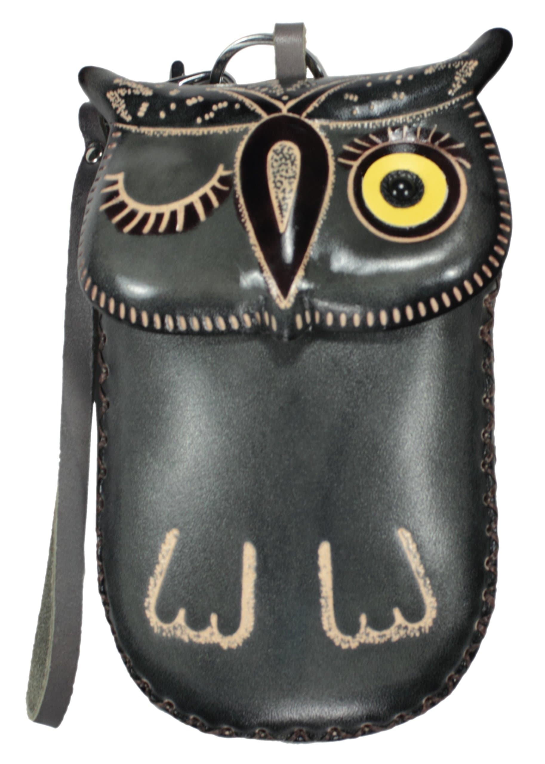 Genuine Leather Winking Owl Coin ID Cell Phone Purse Wristlet - Gray