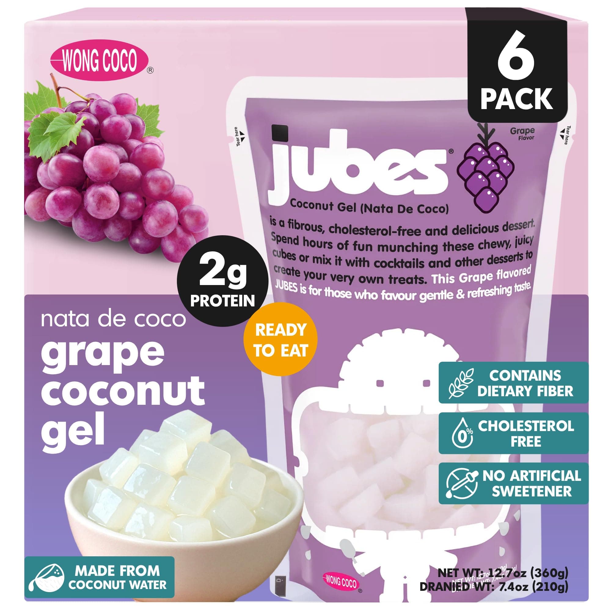 Jubes Grape Nata De Coco Jelly Cubes (12.7 oz, Pack of 6) - Grape Coconut Jelly Cubes for Sago - Coconut Gel in Syrup Toppings for Fruit Tea, Boba, Bubble Tea, Drinks, Desserts Yogurt, Ice Cream, Beverage
