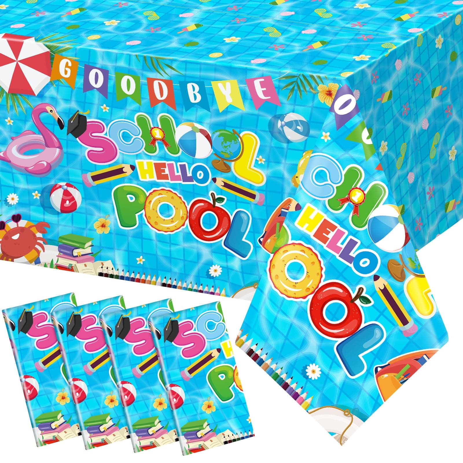 4 Pcs Goodbye School Hello Pool Theme Tablecloth 54 x 108 Large Rectangle Table Cover Plastic Graduate Table Cover Disposable Rectangle 2025 Table Cloth Tropical Beach Pool Party Decoration