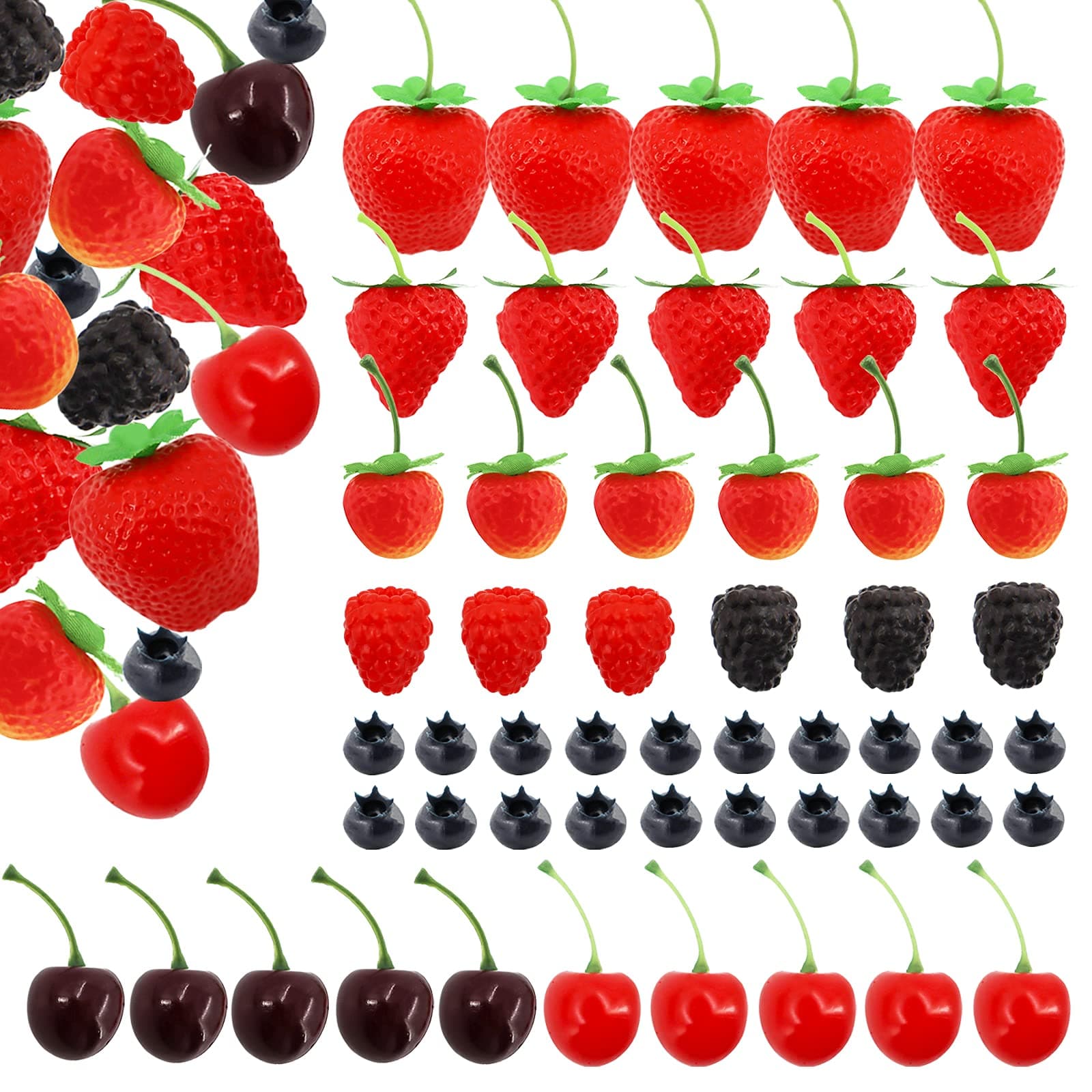 52 PCS Artificial Fake Fruit, Includes Fake Strawberries Fake Blueberries Fake Raspberries Fake Cherries, Reusable Waterproof Plastic Cake Dessert Party Home Kitchen Decoration, Photography Props