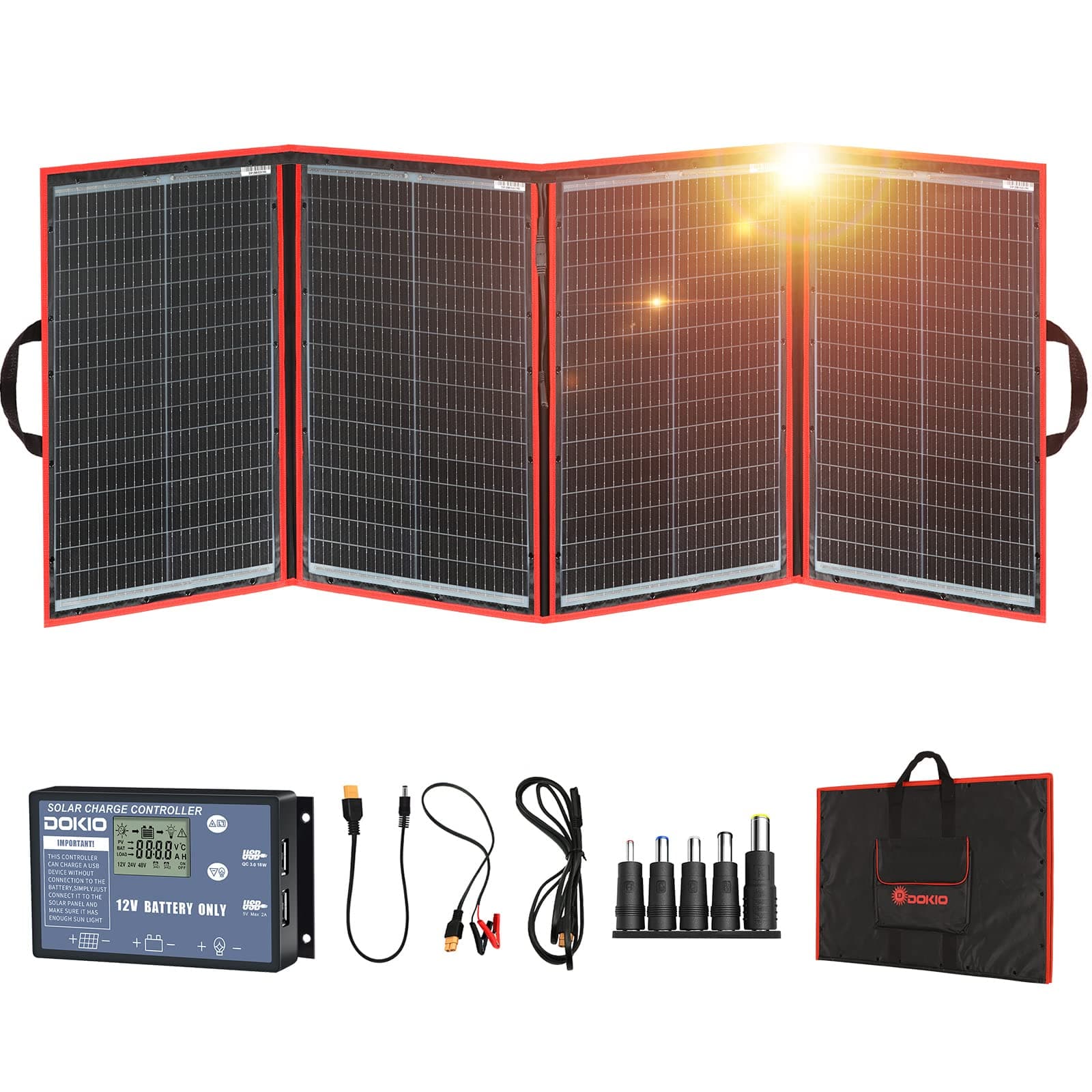 DOKIO 200W Portable Foldable Solar Panel Kit, Compact 20x26.4in Design 9.7lb with Standalone Controller and USB, Monocrystalline Charger for 12V Batteries, Power Stations, RV Camping Emergency Use