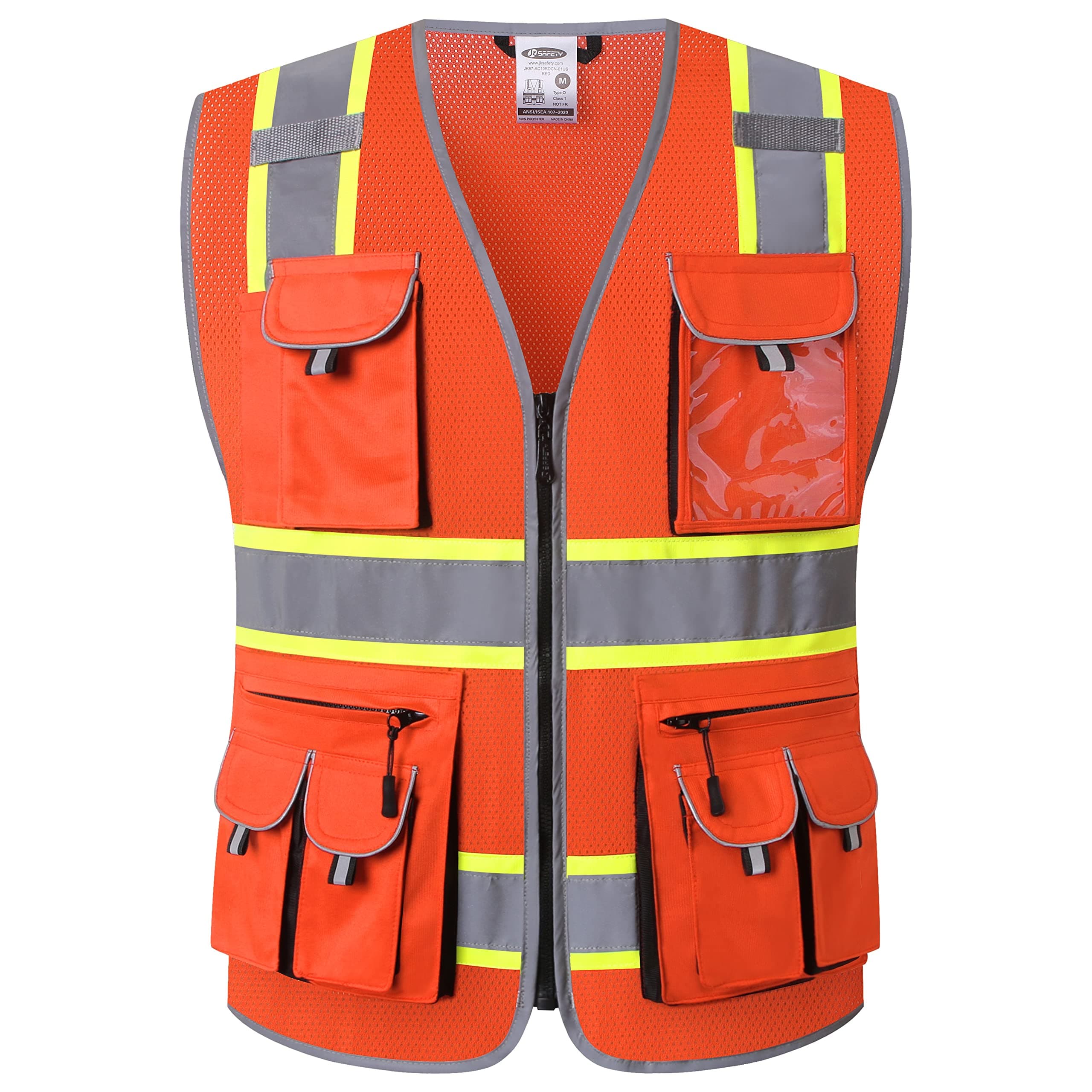JKSafety 10 Pockets Hi-Vis Safety Vest for Men Women with Zipper High Visibility ANSI/ISEA Compliants