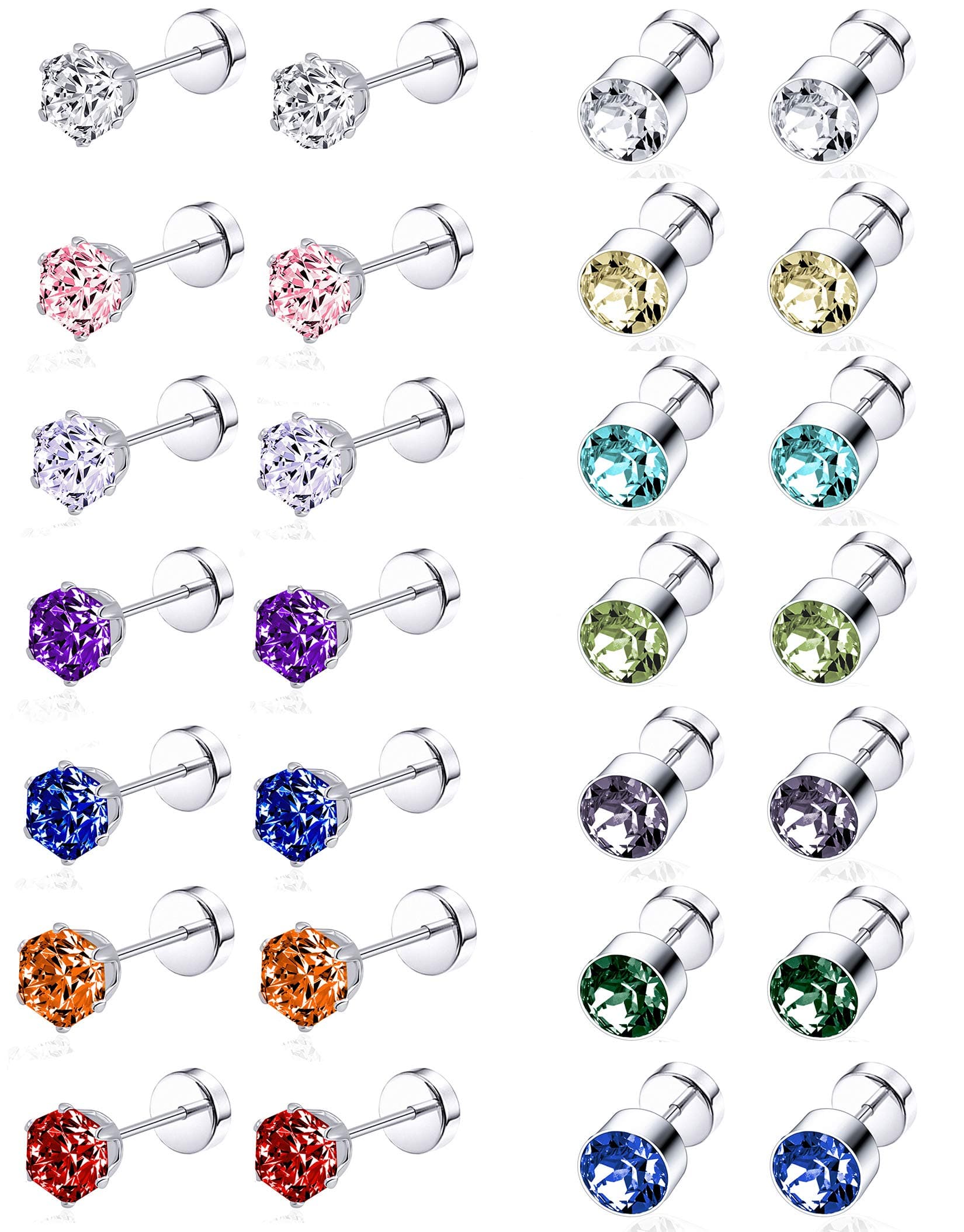 Tornito 7-14 Pairs Stainless Steel CZ Stud Earrings for Women Multicolor Cubic Zirconia Cartilage Helix Earrings Set Screwback 4MM