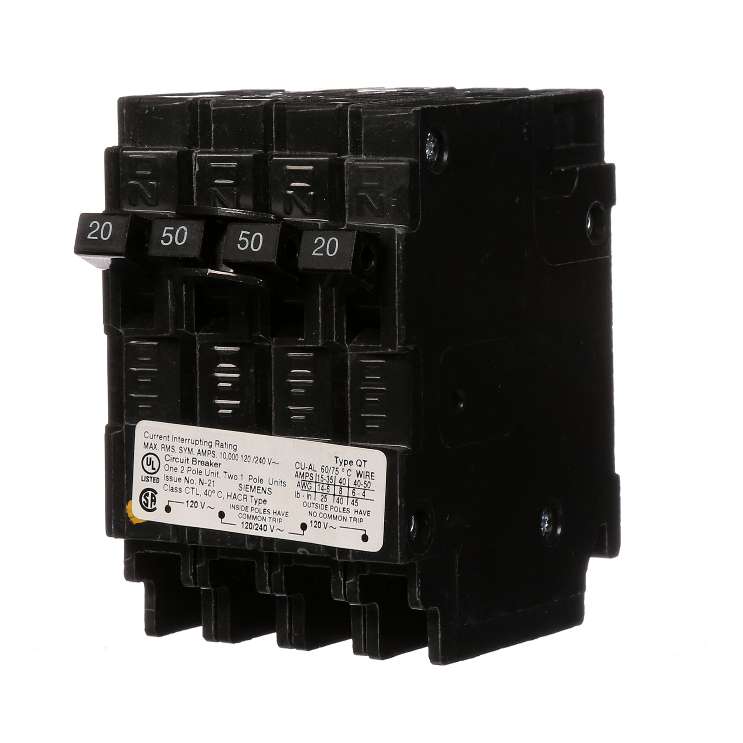 Q22050CT 50-Amp Double Pole Two 20-Amp Single Pole Circuit Breaker