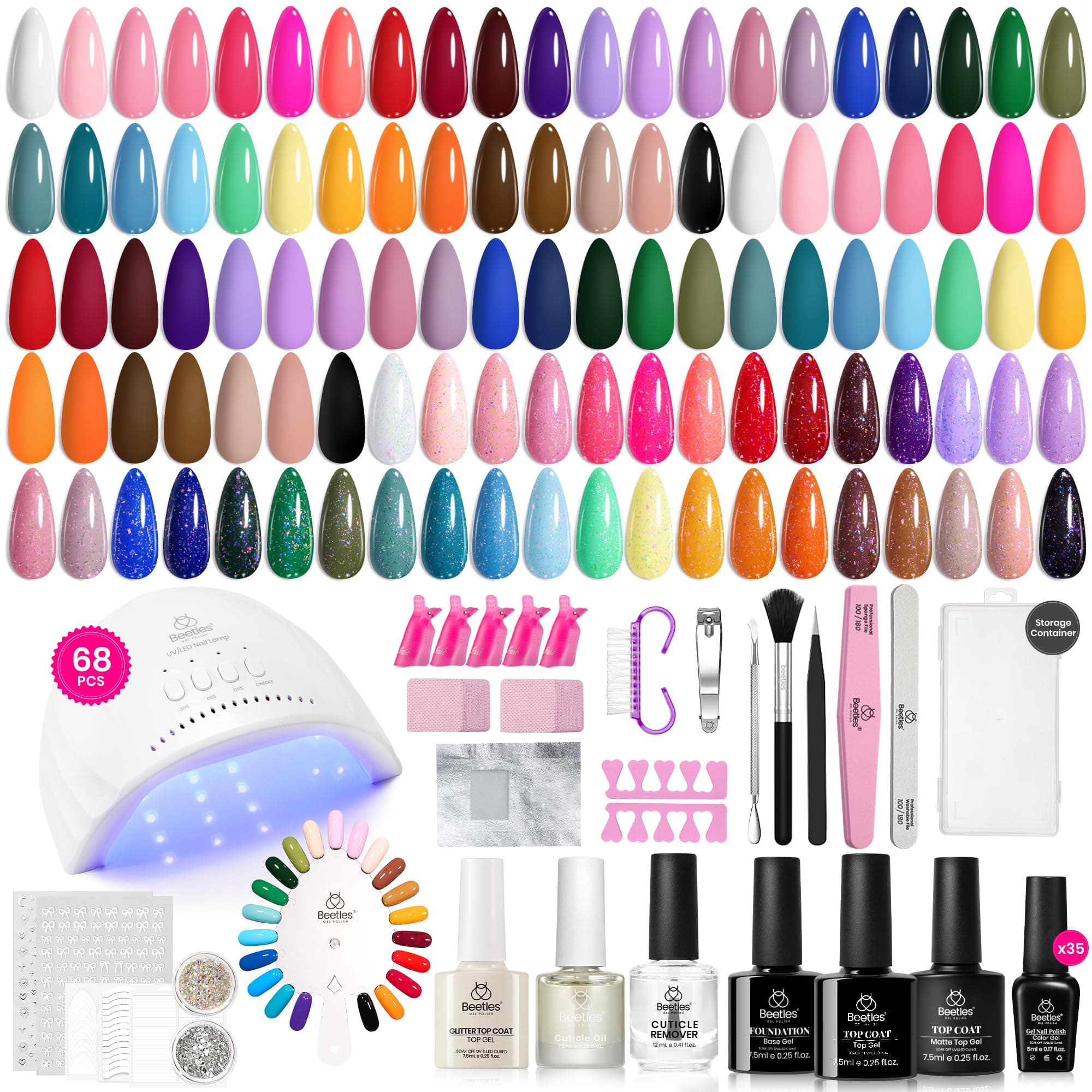 Beetles Gel Nail Polish Kit with U V Light, 68 Pcs Gel Nail Kit 35 Colors Emotional Spectrum with Base Matte&Glossy Top Coat Soak Off Nails Supplies Manicure Set Home Salon Gifts for Women Teen Girl