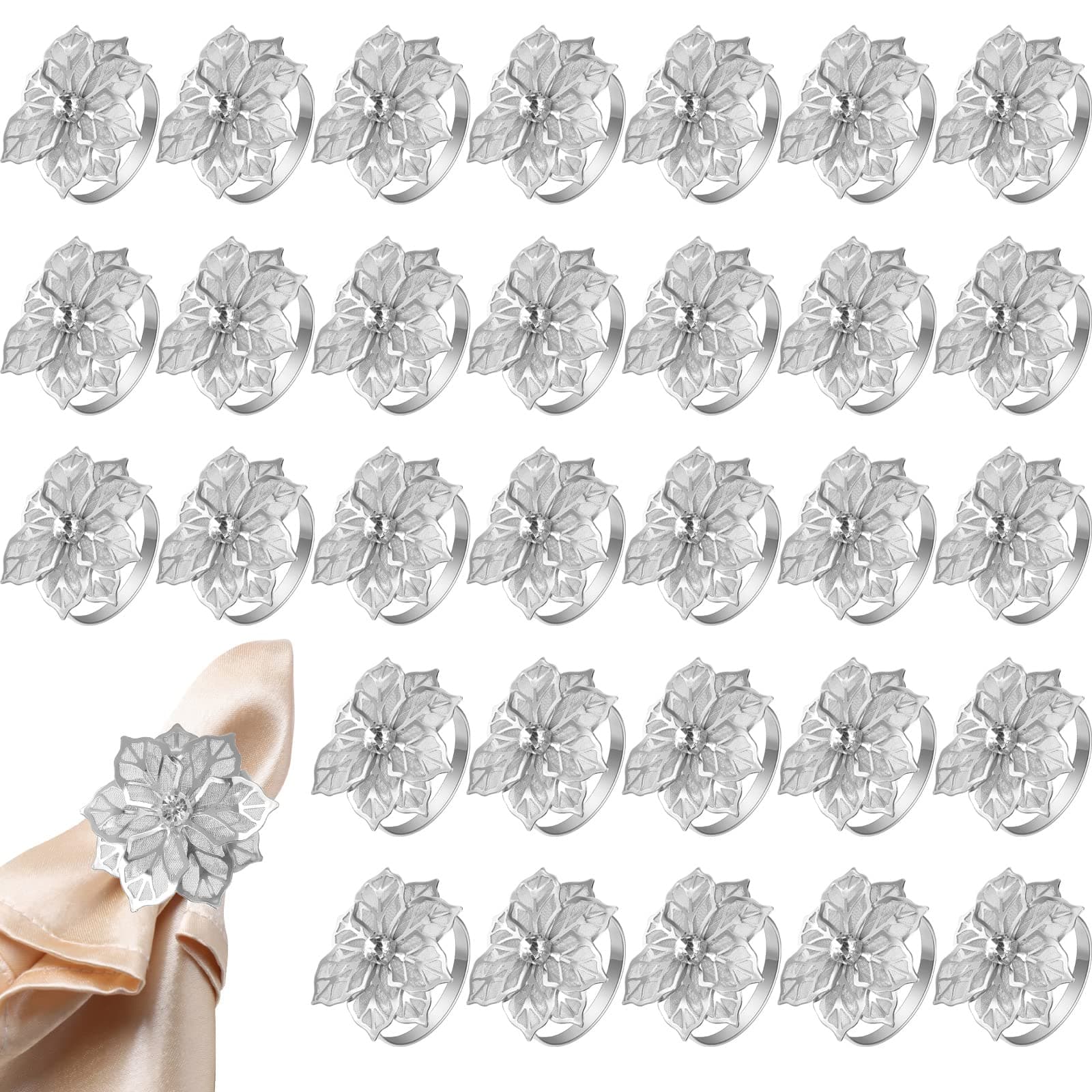 60 Pack Napkin Rings Alloy Hollow Out Flower Napkin Holder Adornment Exquisite Household Floral Rhinestone Napkins Rings Set for Wedding, Thanksgiving, Party Dinner Table Decor (Silver)