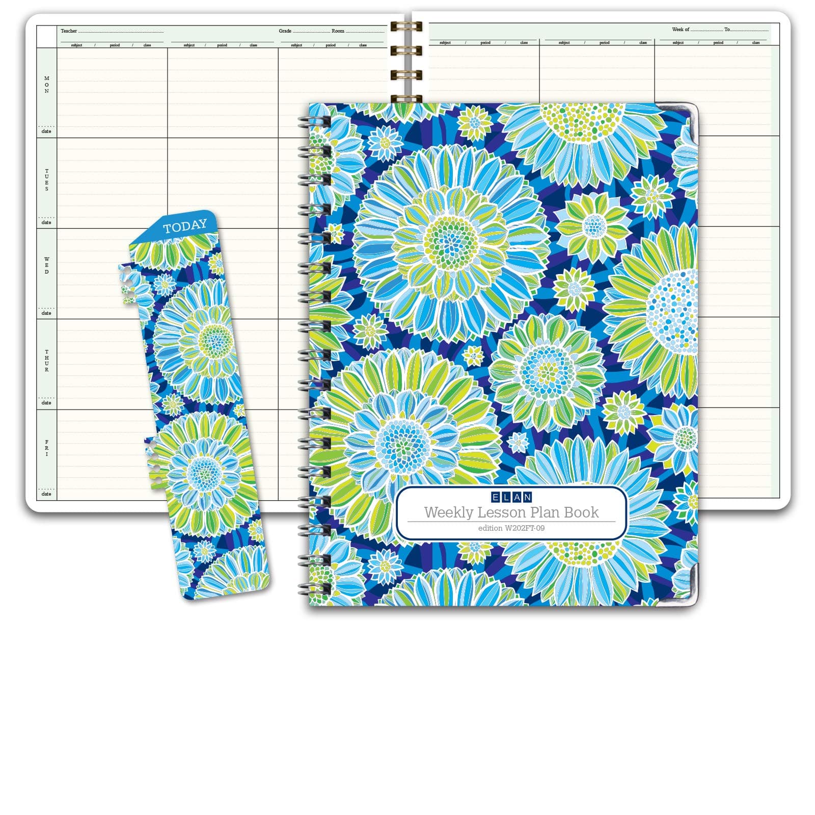 Elan Publishing CompanyHARDCOVER 6 Period Teacher Lesson Plan - Days Vertically Down The Side with Bonus Clip-in Bookmark (Blue Green Flowers)