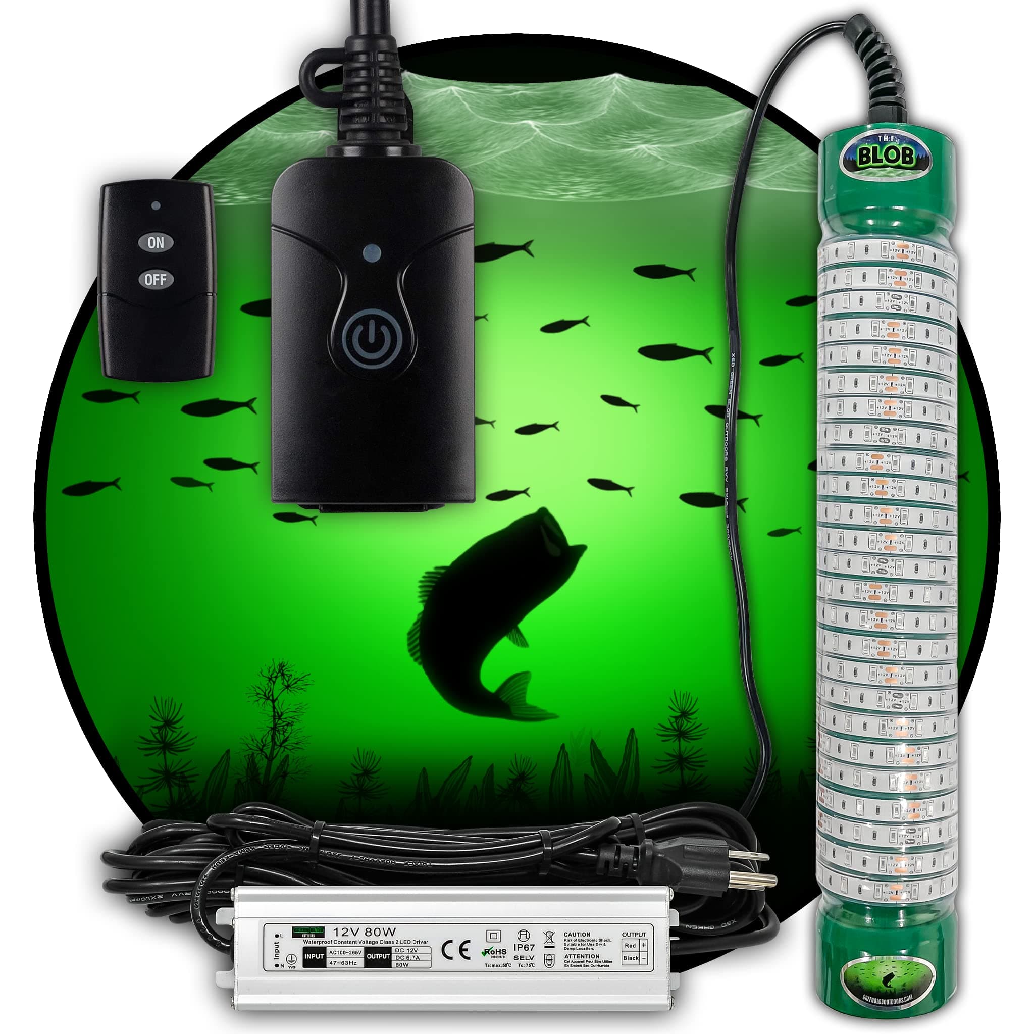 Green Blob Outdoors New Underwater Fishing Light 110 Volt for Docks, LED with Photocell Timer & Remote Control 7500/15000/30000 Lumen Fish Attracting Light, Snook, Crappie, Made in Texas