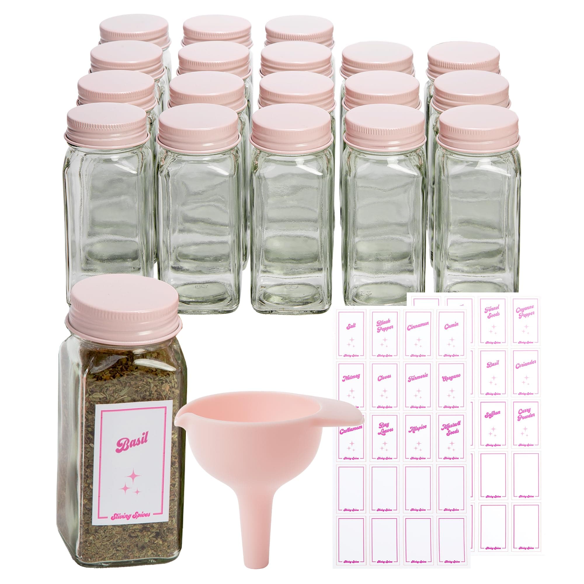 Paris Hilton Glass Spice Jar Storage Set, 4-Ounce Empty Spice Jars with Labels, Shaker Caps and Metal Lids, Collapsible Funnel Included, 20-Piece, Pink
