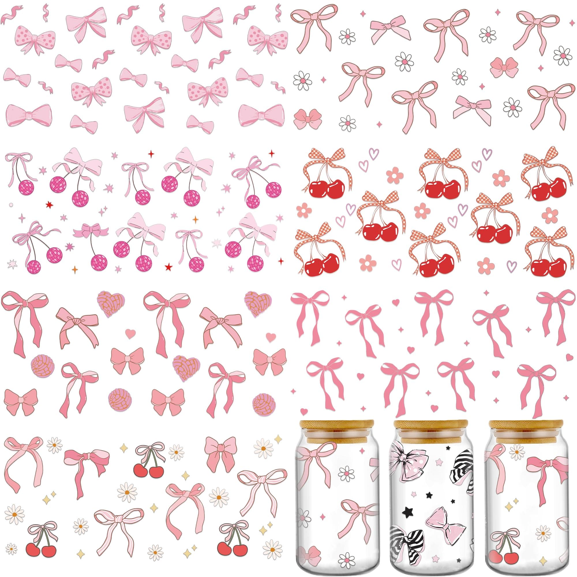 AFRITEE UV DTF Cup Wrap - 8 Sheets Coquette Bows Cold Transfer Stickers for Glass Cups, Pink Love Floral Decals for DIY 16 oz Tumbler Water Bottle Craft Gift for Women