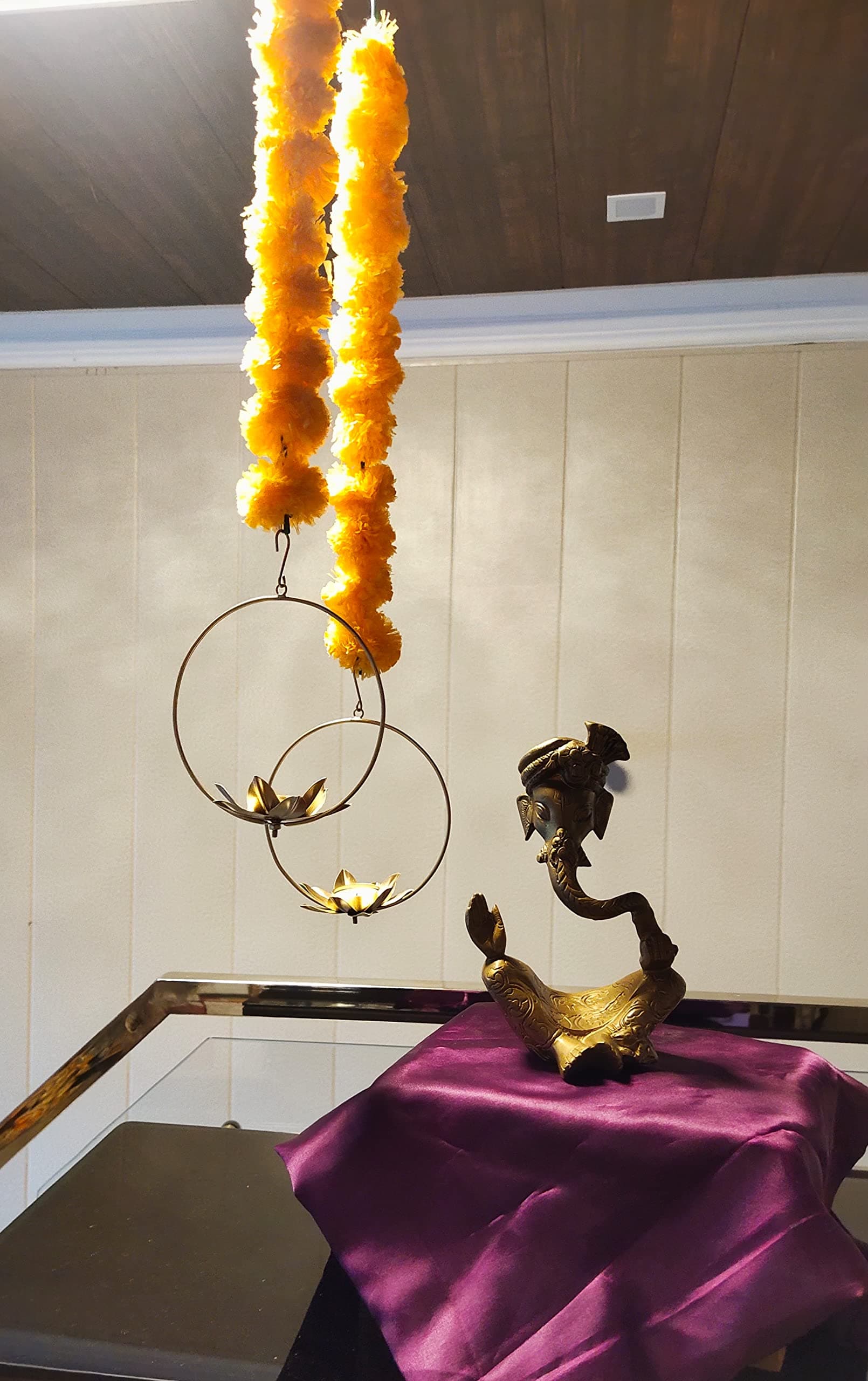 Blissful Decors Lotus with Marigold Flowers Hanging, Tea Lights Holder/Entryway/Terrace/Balcony Decoration Diwali Tealight Holder, Diwali Decorations- Set of 02