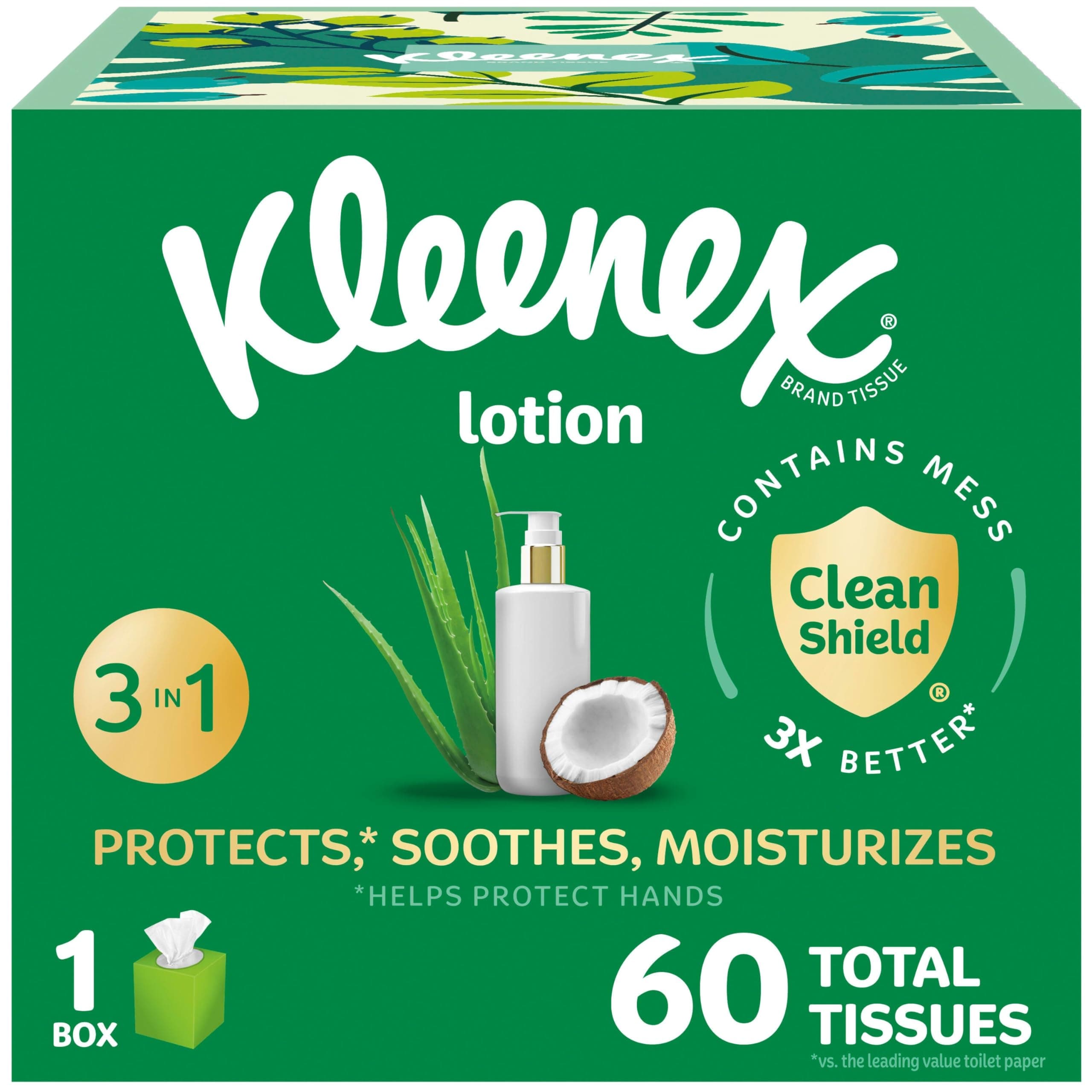 Kleenex Soothing Lotion Facial Tissues with Coconut Oil, Aloe & Vitamin E, 1 Cube Box, 60 Tissues per Box, 3-Ply (60 Total Tissues)