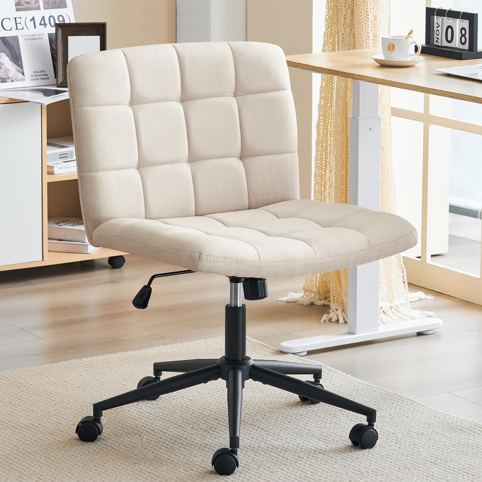Furnimart Wide Armless Desk Chair with Wheels, Mid Back Swivel Criss Cross Chair for Home Office, Height Adjustable Wide Seat Home Office Task Chairs, Beige