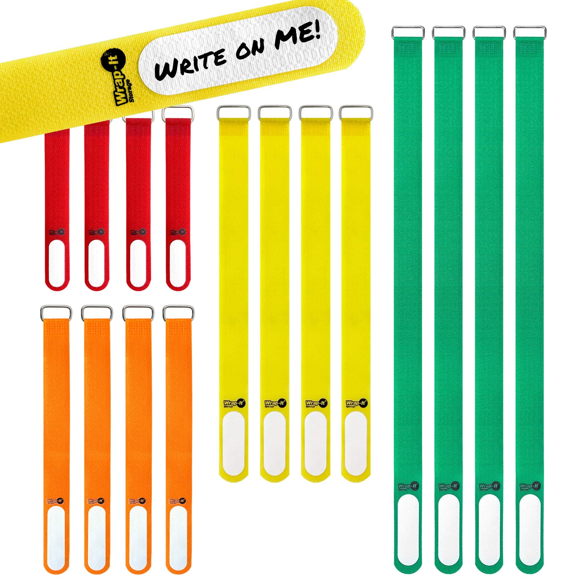 Cinch-Straps (Assorted 16 Pack) Hook and Loop Straps with Metal Buckles and Write on Labels for Easy Cord Identification, Waterproof, Reusable, Multi-Purpose, Adjustable