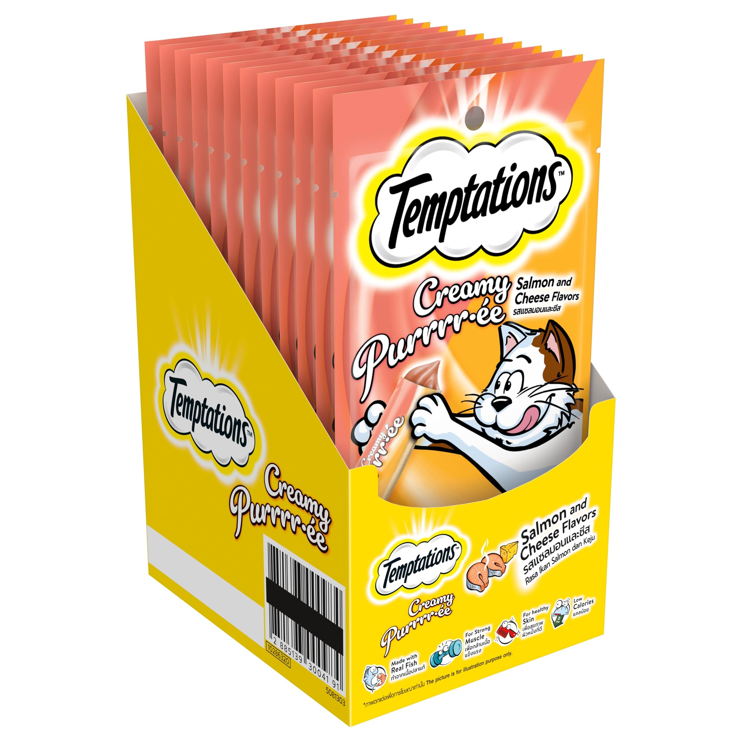 Creamy Purrrrr-ée Lickable Cat Treats, Salmon & Cheese Flavour, 48 g, (Pack of 12), Made with Real Fish, Goodness of Protein, Vitamins & Minerals, Adult