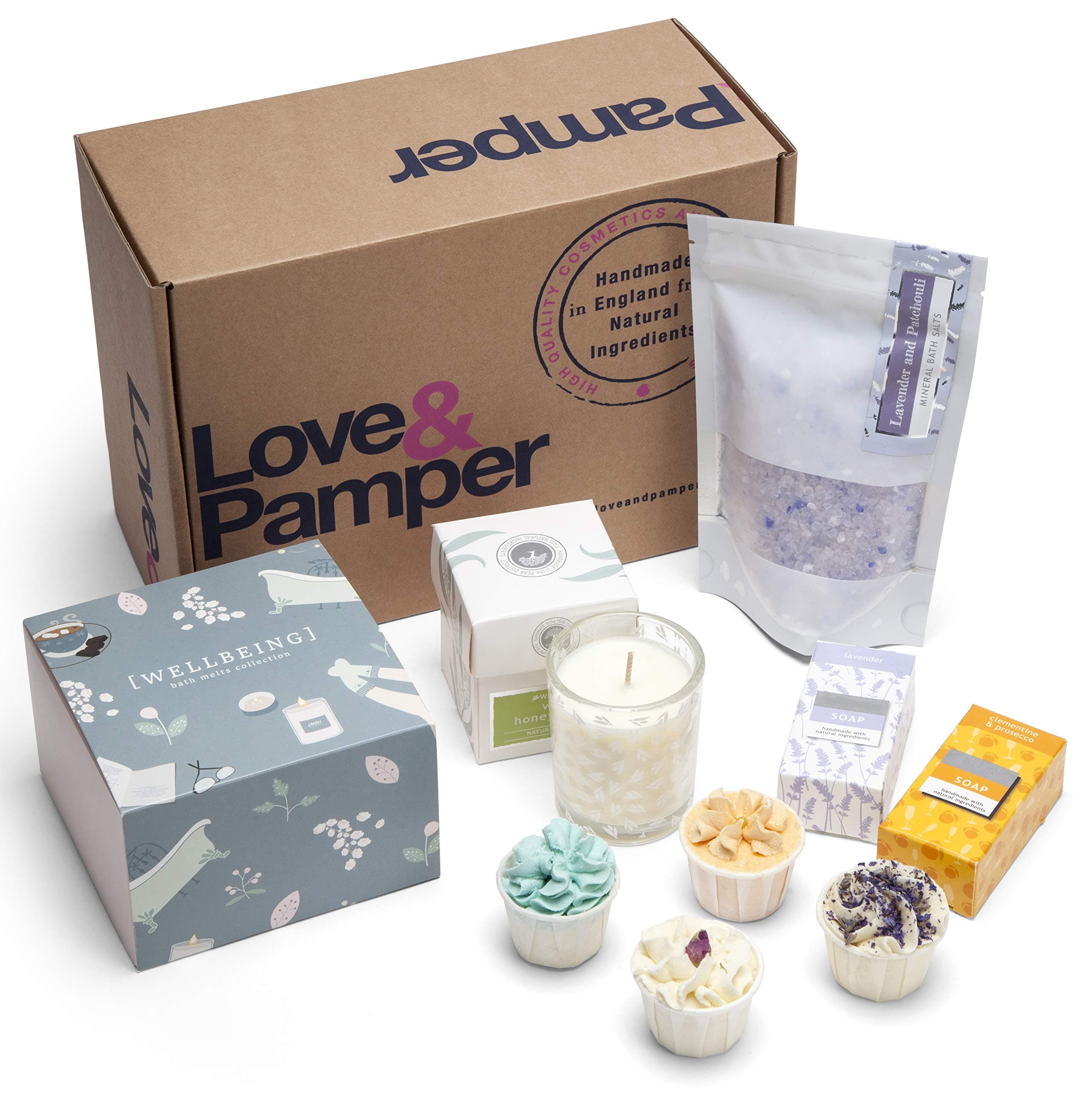 Love & Pamper - Hand Made Relaxation Pamper Wellbeing Gift Set, 4 Relaxation Bath Melts, Dead Sea Bath Salts, Lavender/Patchouli, Soy Wax Candle, Wild Honeysuckle, Lavender Soap, Sweet Orange Soap