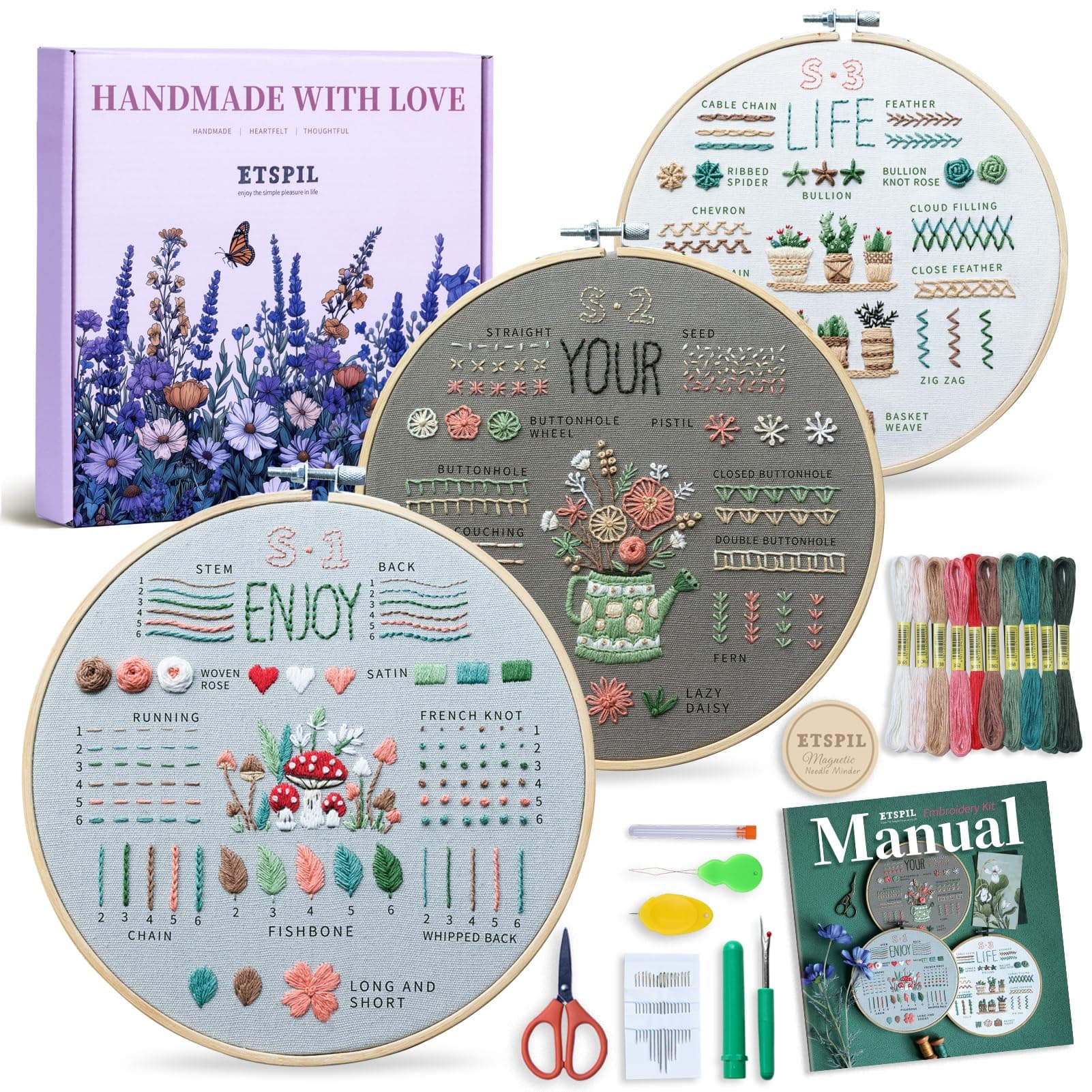 ETSPIL 3 Sets Embroidery kit for Beginners Adults,Learn 33 Different Stitches DIY Kits ,Includes Stamped Flower Pattern, Hoop, Color Threads,Tools,Easy to Follow Instruction & Video… (Simple B)