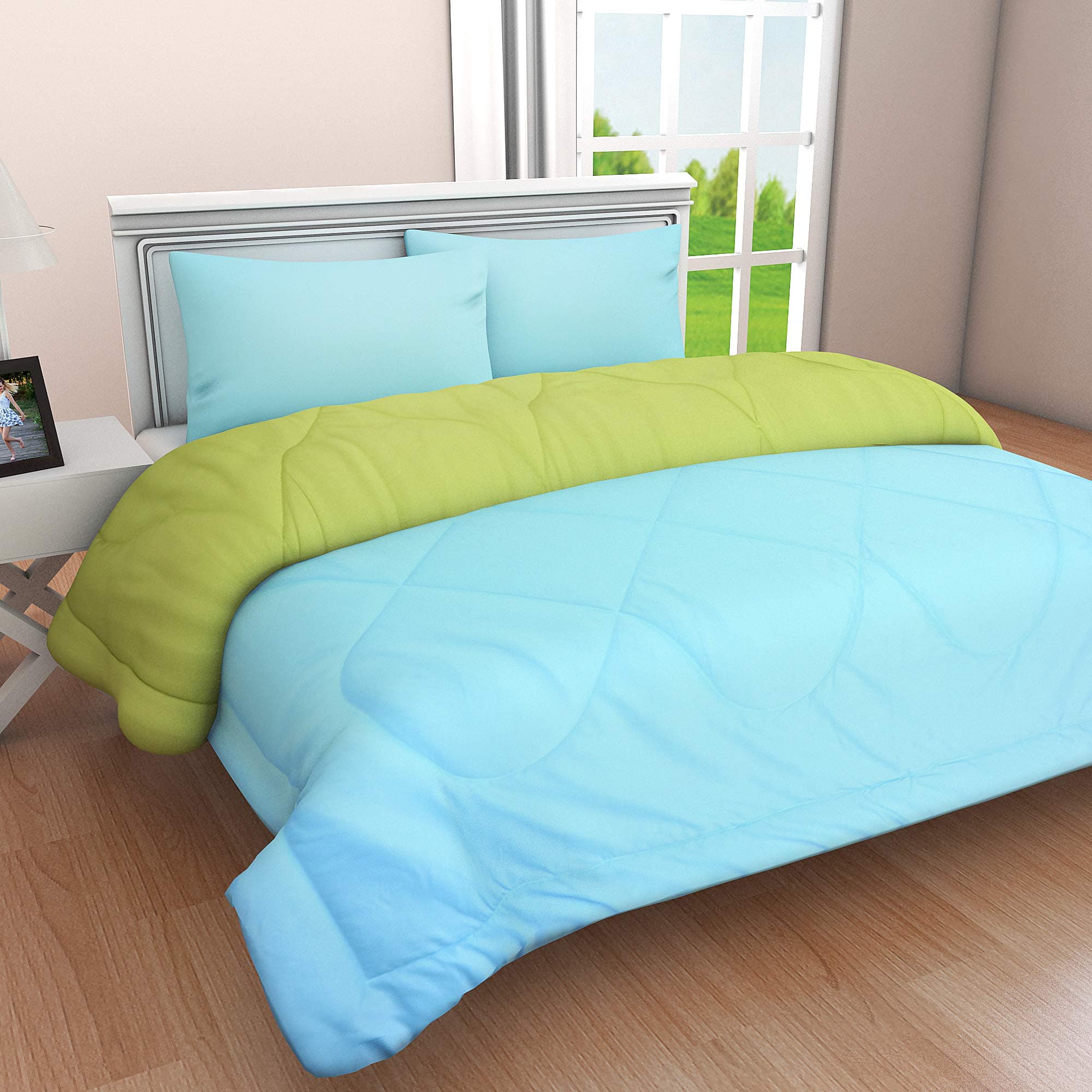 Clasiko Reversible Double Bed King Size Comforter/Duvet for Summers/Ac; Color - Ablaze Aqua & Glorious Green; Fabric - Micro Cotton; 220 GSM; Size - 230x254 Cms; Color Fastness Guarantee