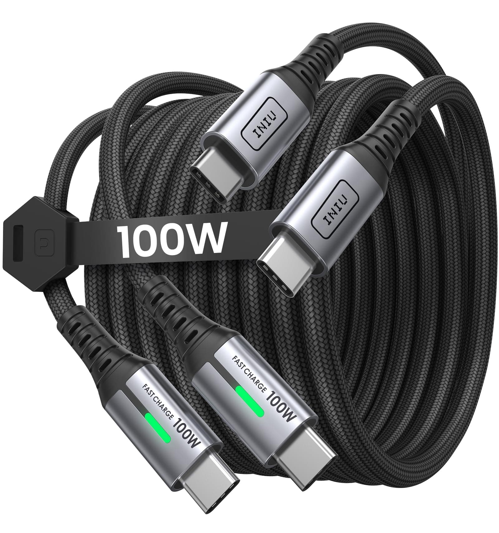 INIU USB C to USB C Cable, (6.6ft, 2-Pack) 100W USB C to C Fast Charging Cord, Braided Type C Charger Cable Compatible with iPhone 16 Pro Max 15 Plus Samsung S24 S21 S10 Note 10 MacBook Kindle etc.