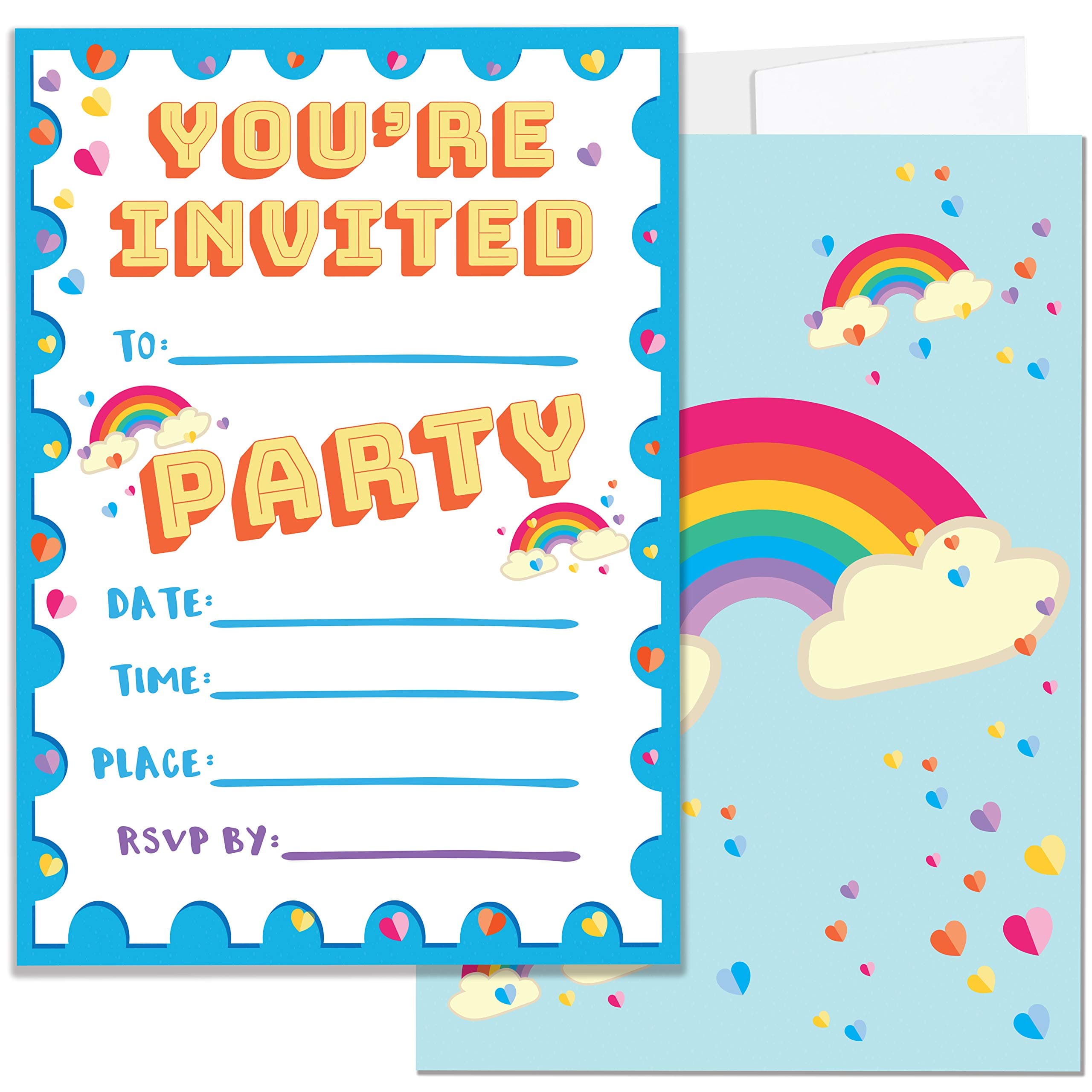 Birthday Invitations for Girls, Boys, Kids | 25 Invite Cards with Envelopes | Pastel Rainbow Party Supplies