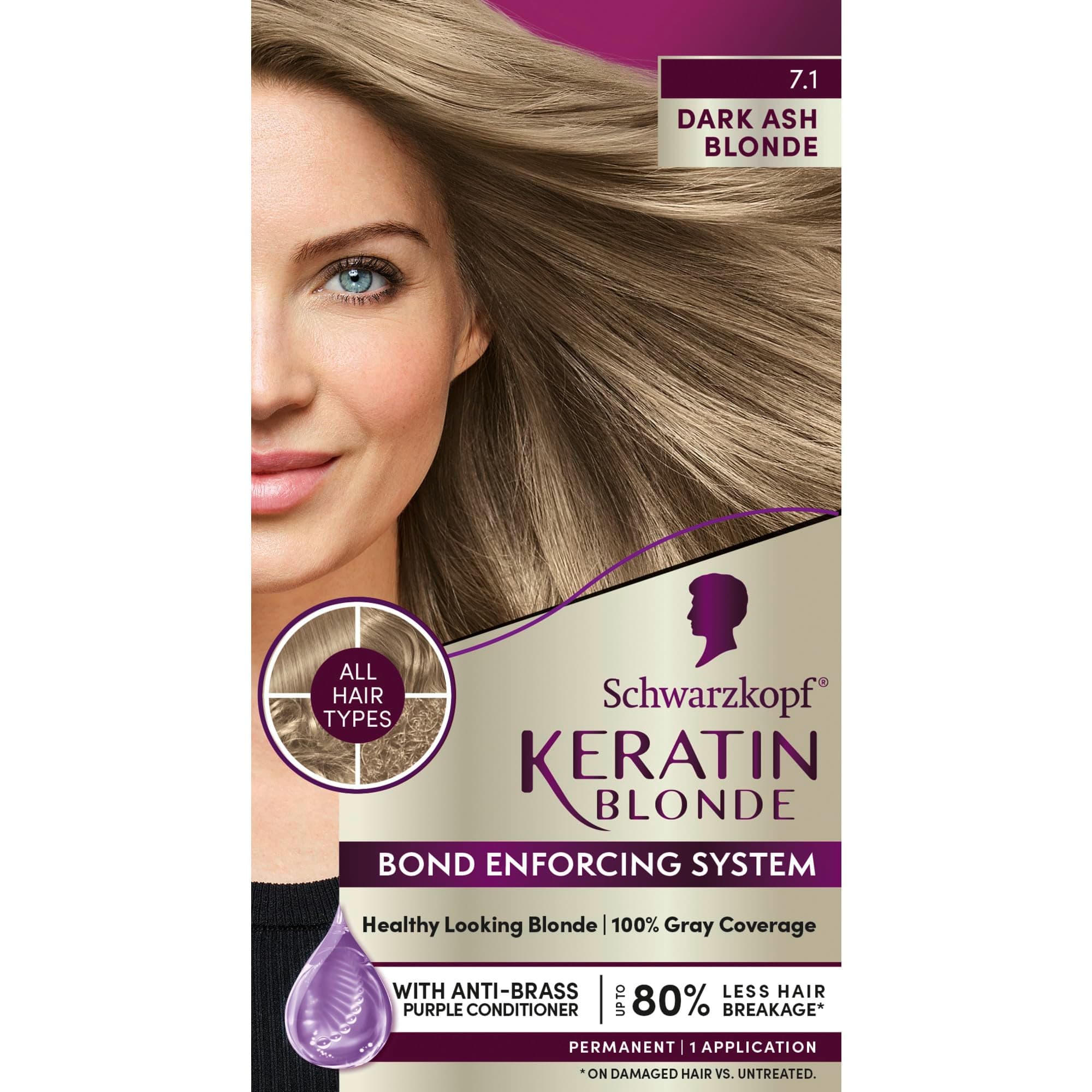 Schwarzkopf Keratin Blonde Hair Dye, 7.0 Dark Ash Blonde, Professional Quality Permanent Hair Color, Bond Enforcing System, Pre-Color Serum & Purple Conditioner Included
