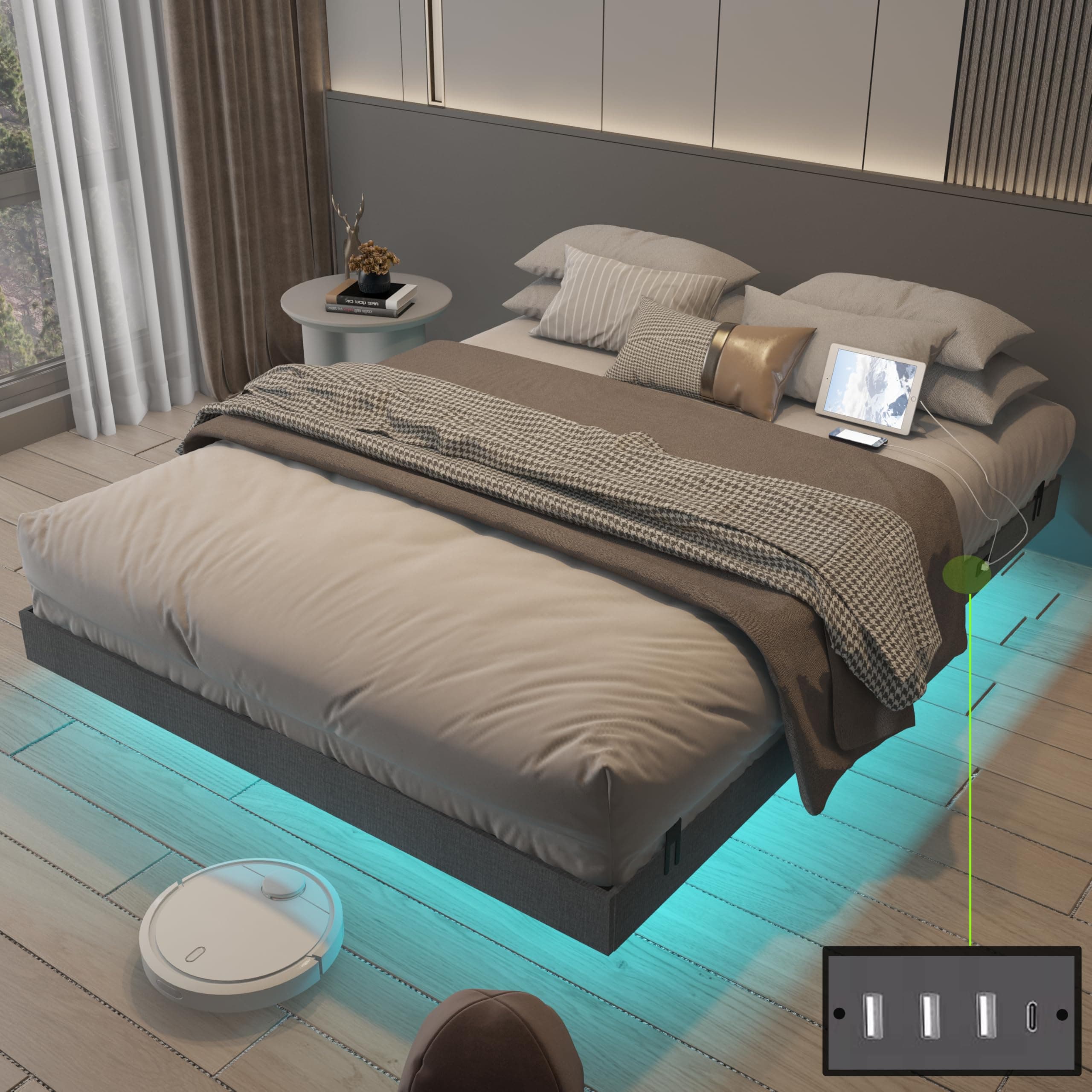 Floating Bed Frame King Size with LED Lights and Charging Station, Grey Linen Metal Platform Bed Frame, Easy Assembly, No Box Spring Needed (King)