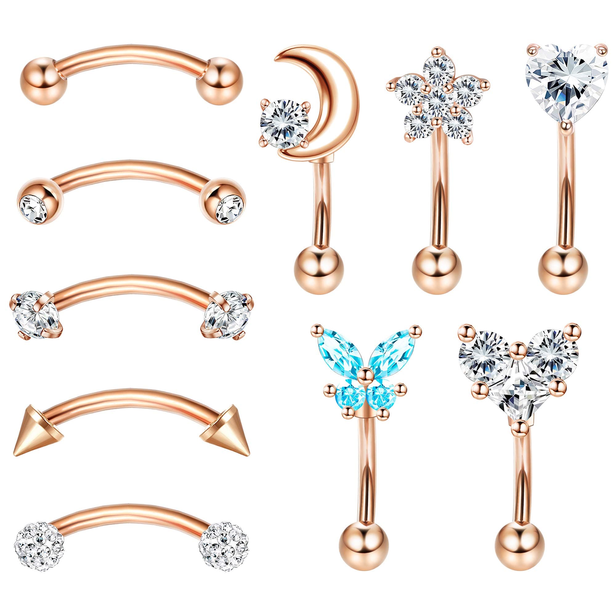 10Pcs 16G Rook Daith Earrings for Women Stainless Steel Belly Lip Ring Cartilage Tragus CZ Body Piercing Curved Barbell Eyebrow Rings 6-8mm