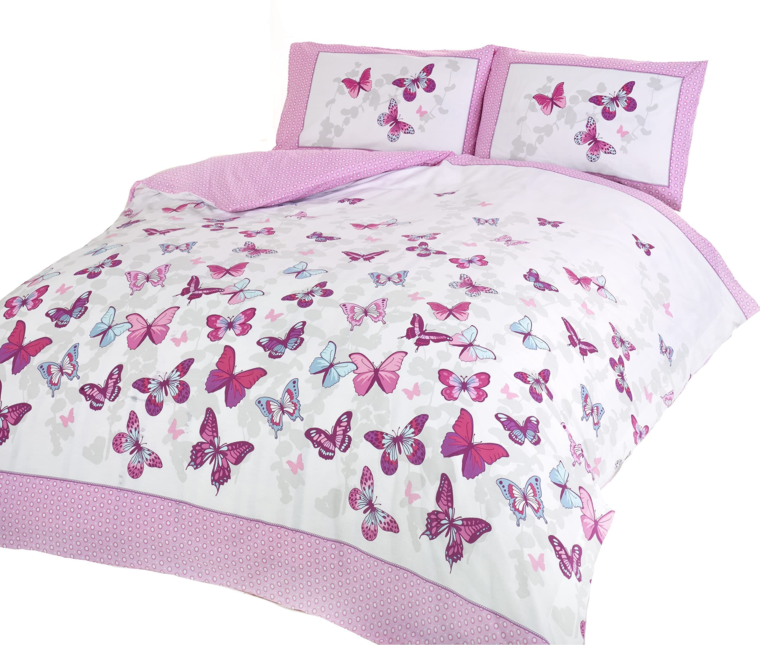 Rapport Home Furnishing Pink Butterfly King Duvet Cover Set | Reversible Easy Care Polycotton Bedding with 2 Pillowcases - 230cm x 220cm