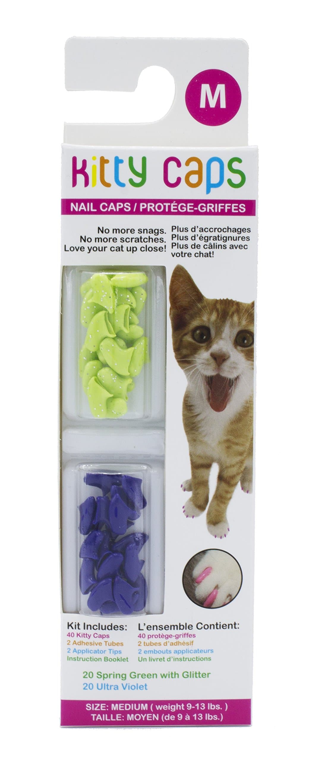 Kitty CapsNail Caps for Cats Safe, Stylish & Humane Alternative to Declawing Stops Snags and Scratches, Medium (9-13 lbs), Spring Green with Glitter & Ultra Violet (Pack of 1)