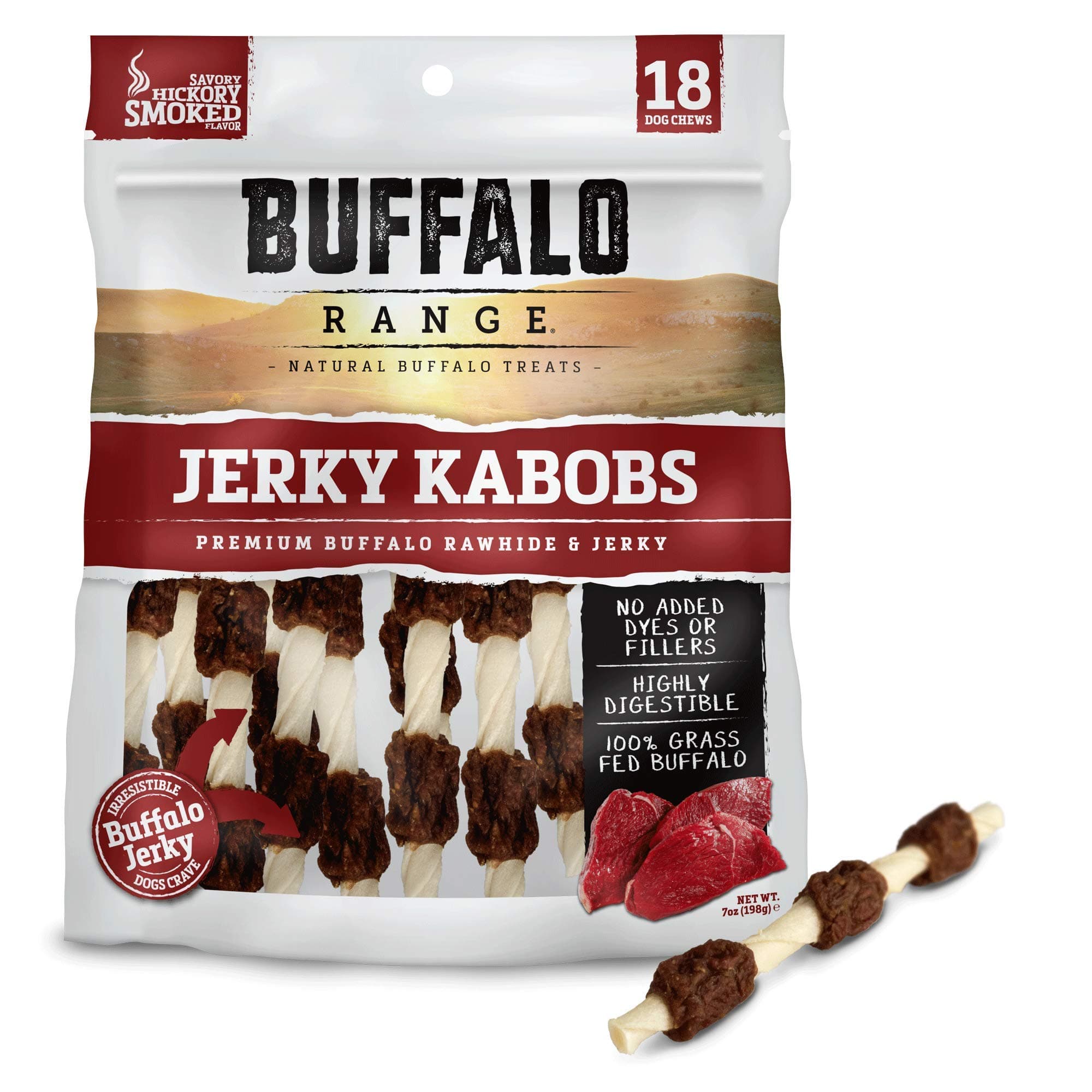 Buffalo Range Rawhide Jerky Kabobs, Jerky Dog Treat, Grass-Fed Buffalo Rawhide Chews, Healthy Dog Treat, Meat Kabob, Puppy Chews, No Added Fillers or Dyes, Hickory Smoked Flavor, 18 Count