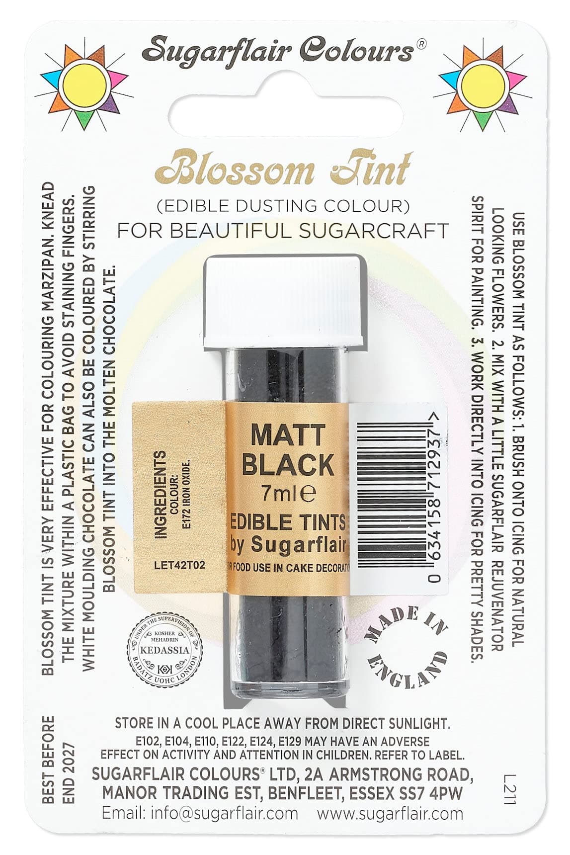 Sugarflair Blossom Tint Matt Black Food Colouring and Dusting Powder, Matt Finish, Brush On or Mix with Rejuvenator Spirit to Create a One of A Kind Cake - 7ml