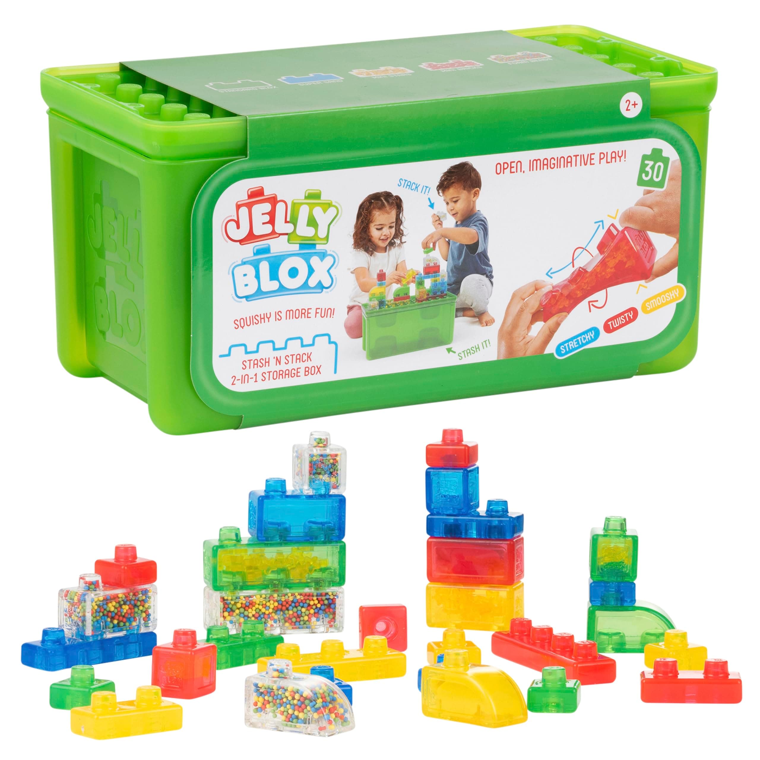 Jelly Blox Stash 'N Stack 2-in-1 Storage Case with 30 Blocks | Toddler & Preschool Building Blocks for Gripping and Stretching | Mesh Certified | Safety Tested & No Pain | Sensory Play Toy for Ages 2