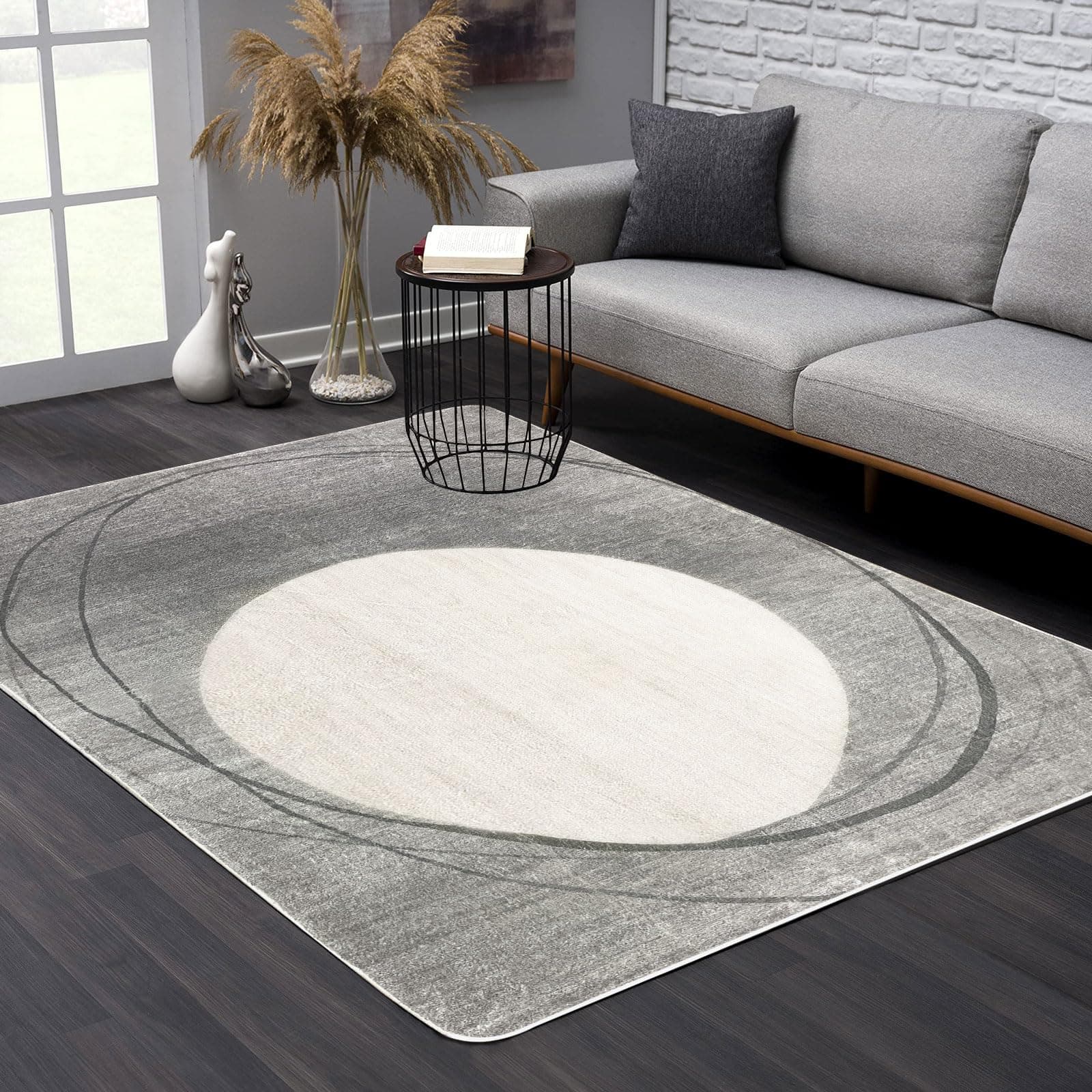 Tinyboy-hbqRugs Living Room Grey Rug for Bedroom - Soft Anti-slip Low Pile Circular Rug for Bedside,Kids' Rooms & Play Areas - Circular Pattern Decor for Boys & Girls(Light grey/beige,120x160cm)