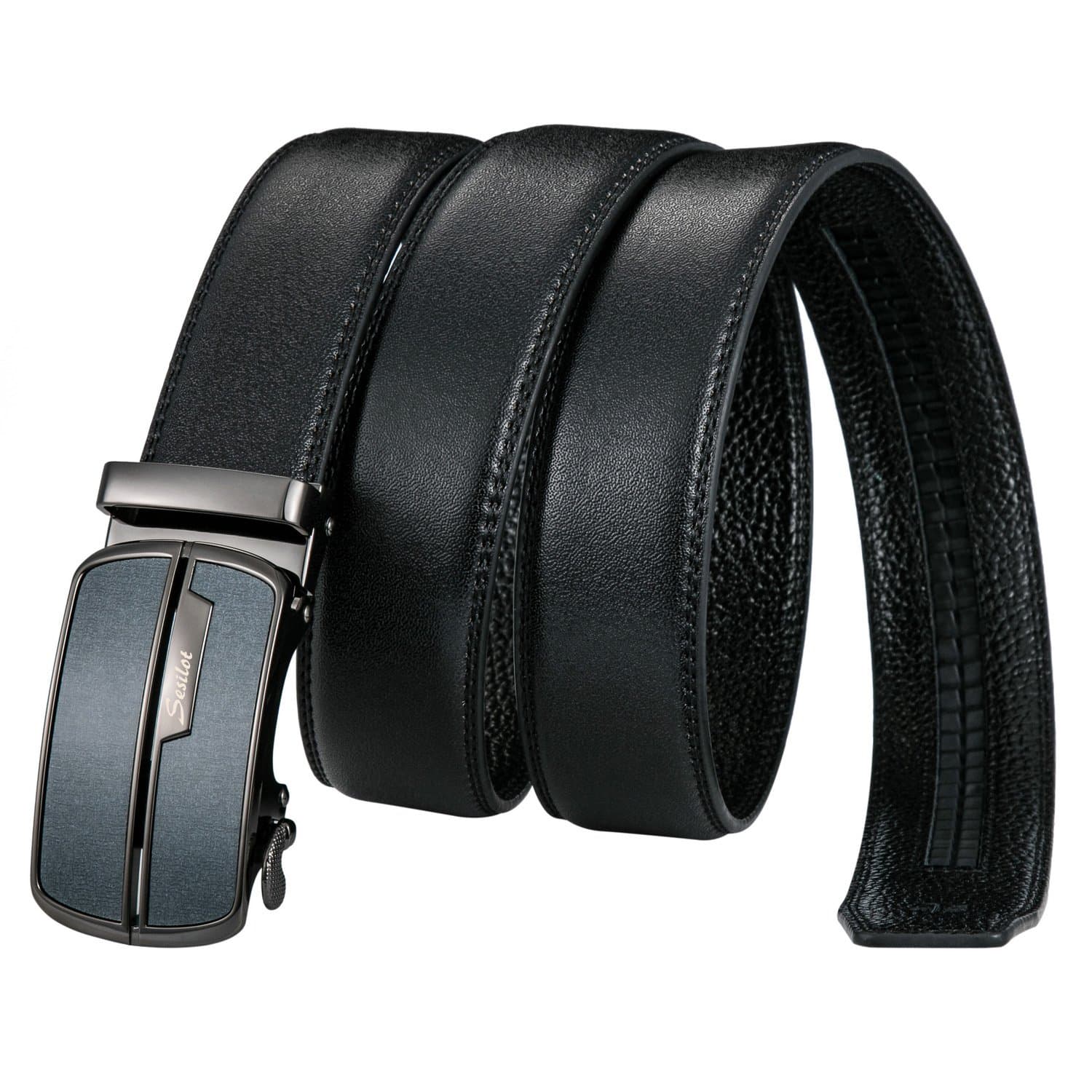 Men's Leather Belt Strap, Business Sliding Luxury Automatic Stainless Steel Ratchet Buckle Soft Belt (High-end Gift Box)