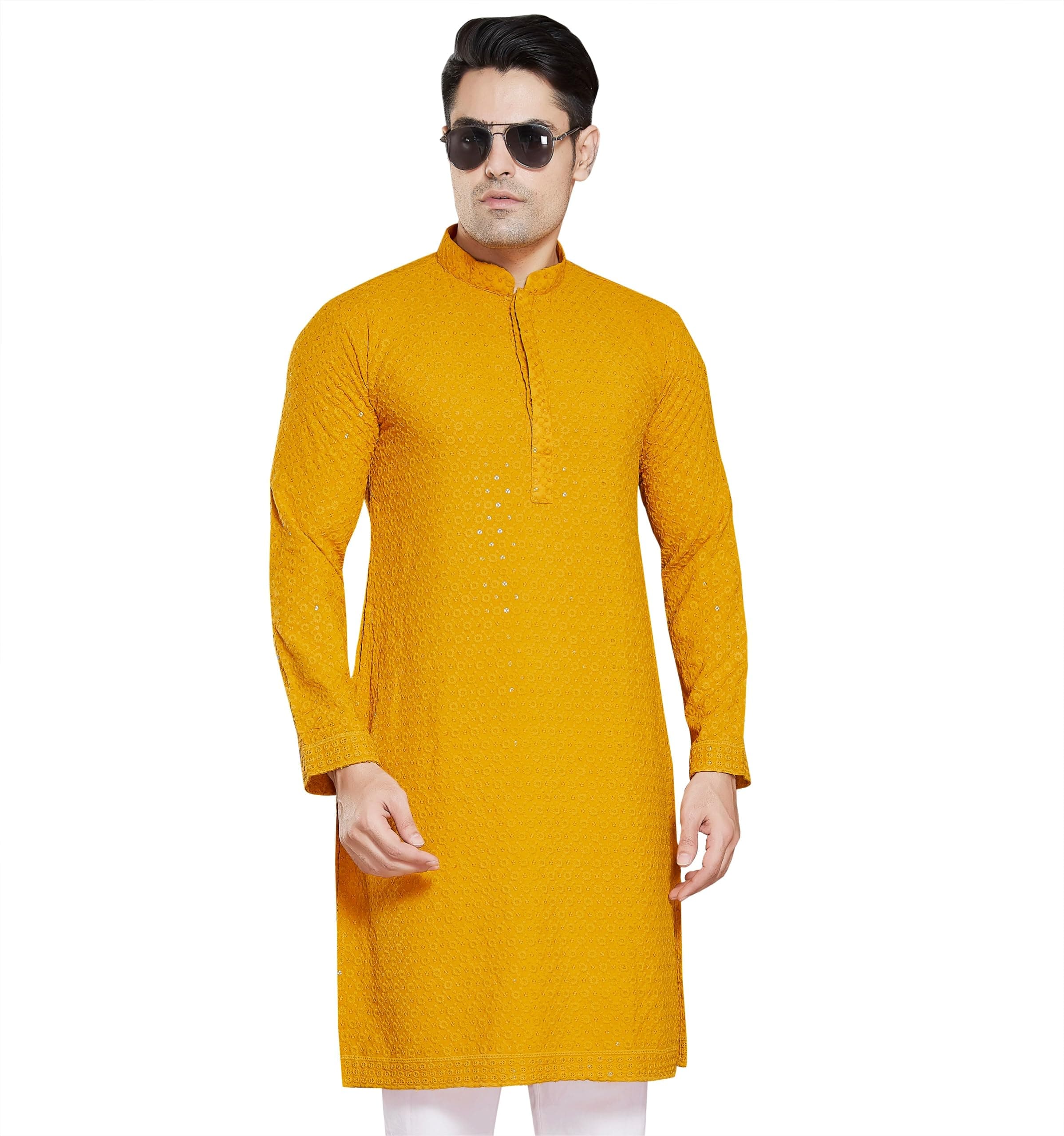 Men’s Sequin-Embroidered Kurta, Cotton Blend, Slim Fit