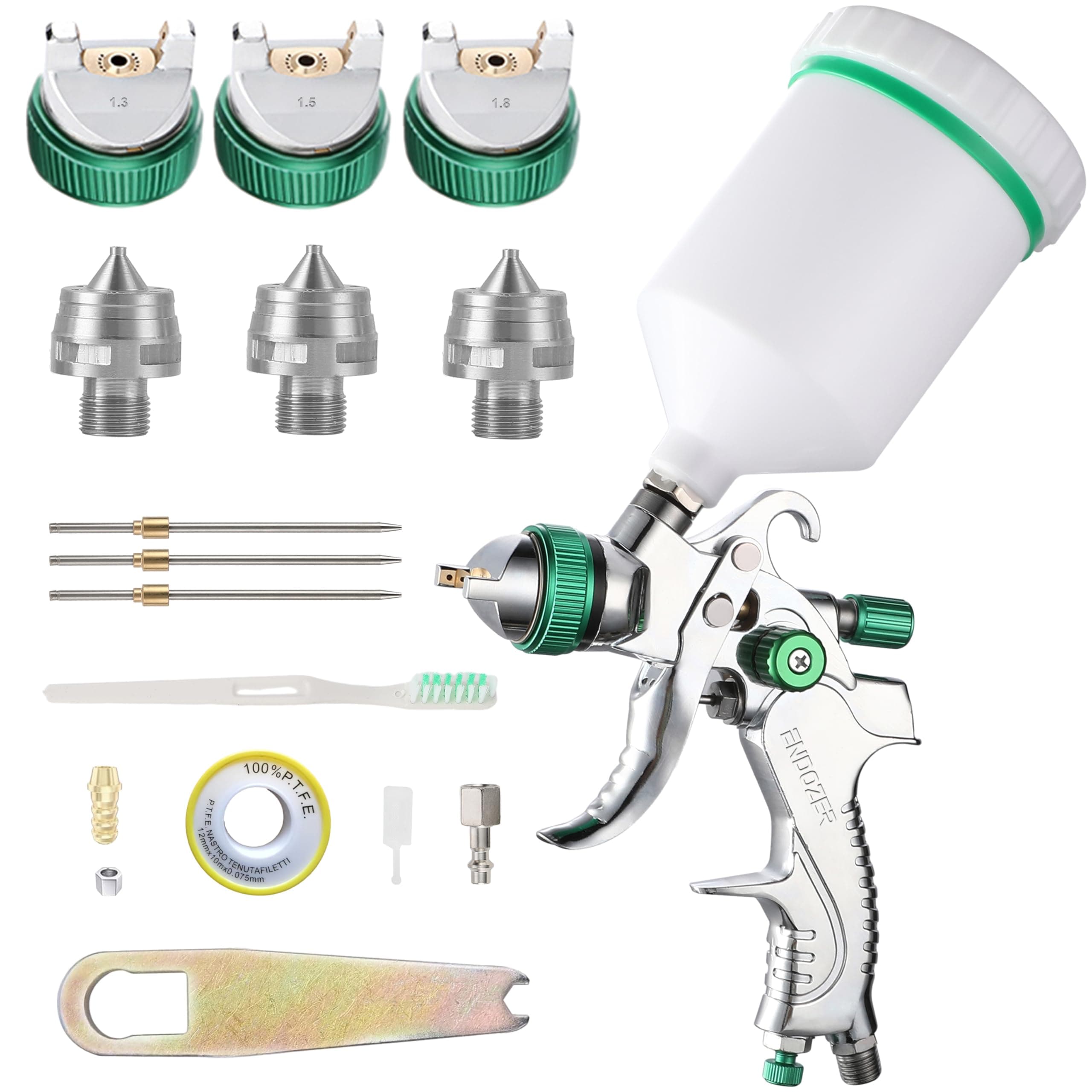 ENDOZER Professional HVLP Spray Gun Set Gravity Feed Air Spray Gun with 1.3,1.5,1.8mm Nozzles, 20 oz, 600cc with Gauge for Auto Paint, Primer, Clear/Top Coat & Touch-Up Green