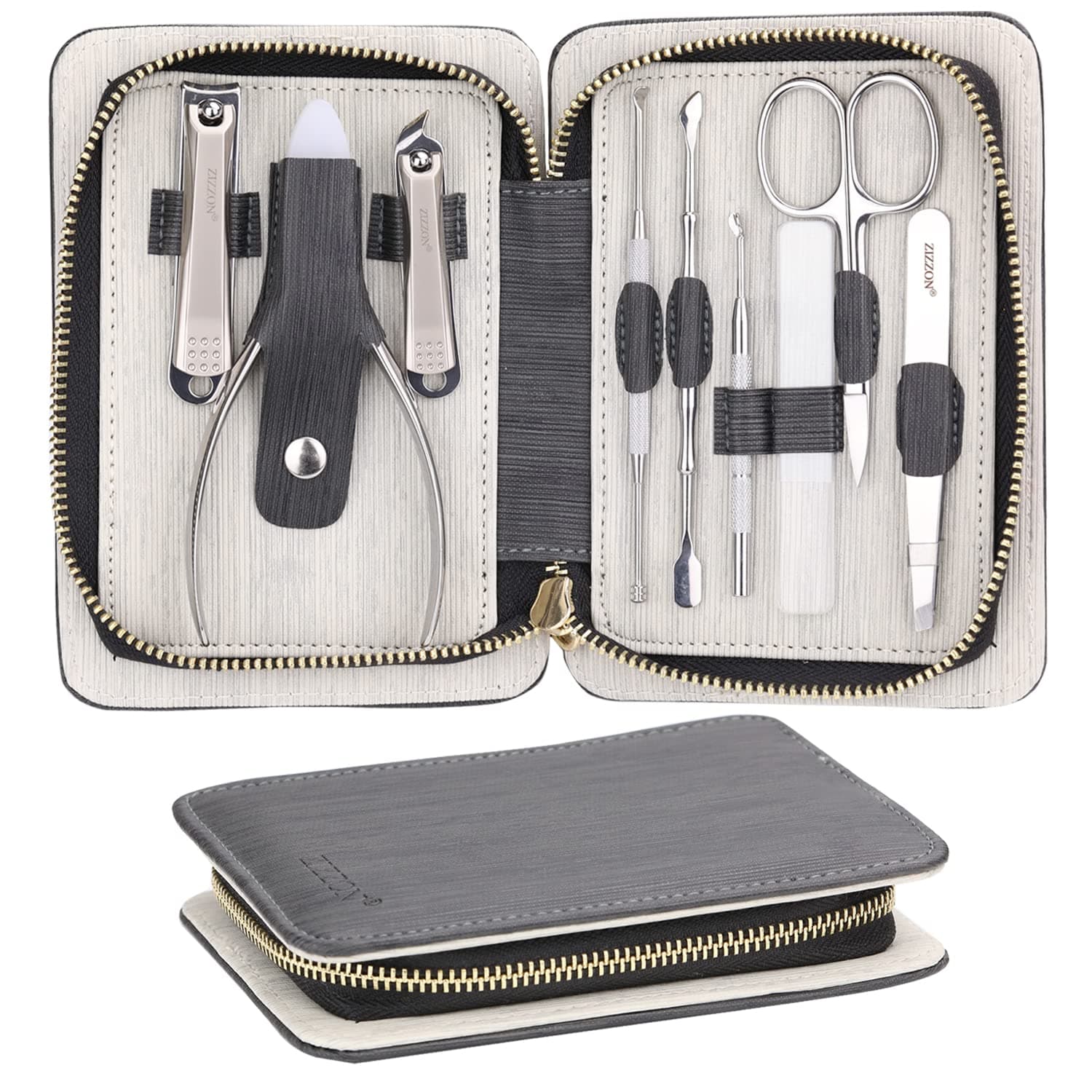 ZIZZONManicure Set Professional Stainless Steel Toenail and Fingernail Clippers Set 9 in1 Pedicure and Grooming kit with Travel Case (Black)