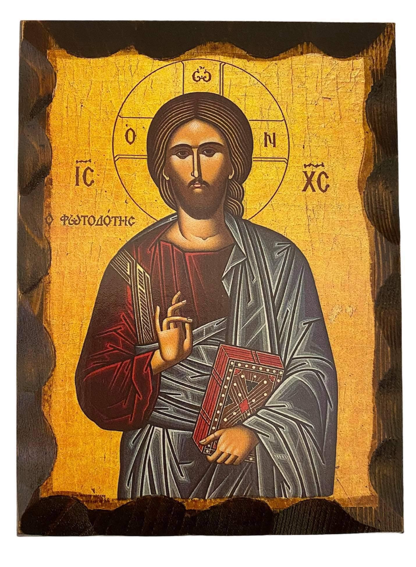 Greek Orthodox Wood Icon of Jesus Christ Fotodotis (16 X 12 cm or 6.3 X 4.7 in) Solid Wood