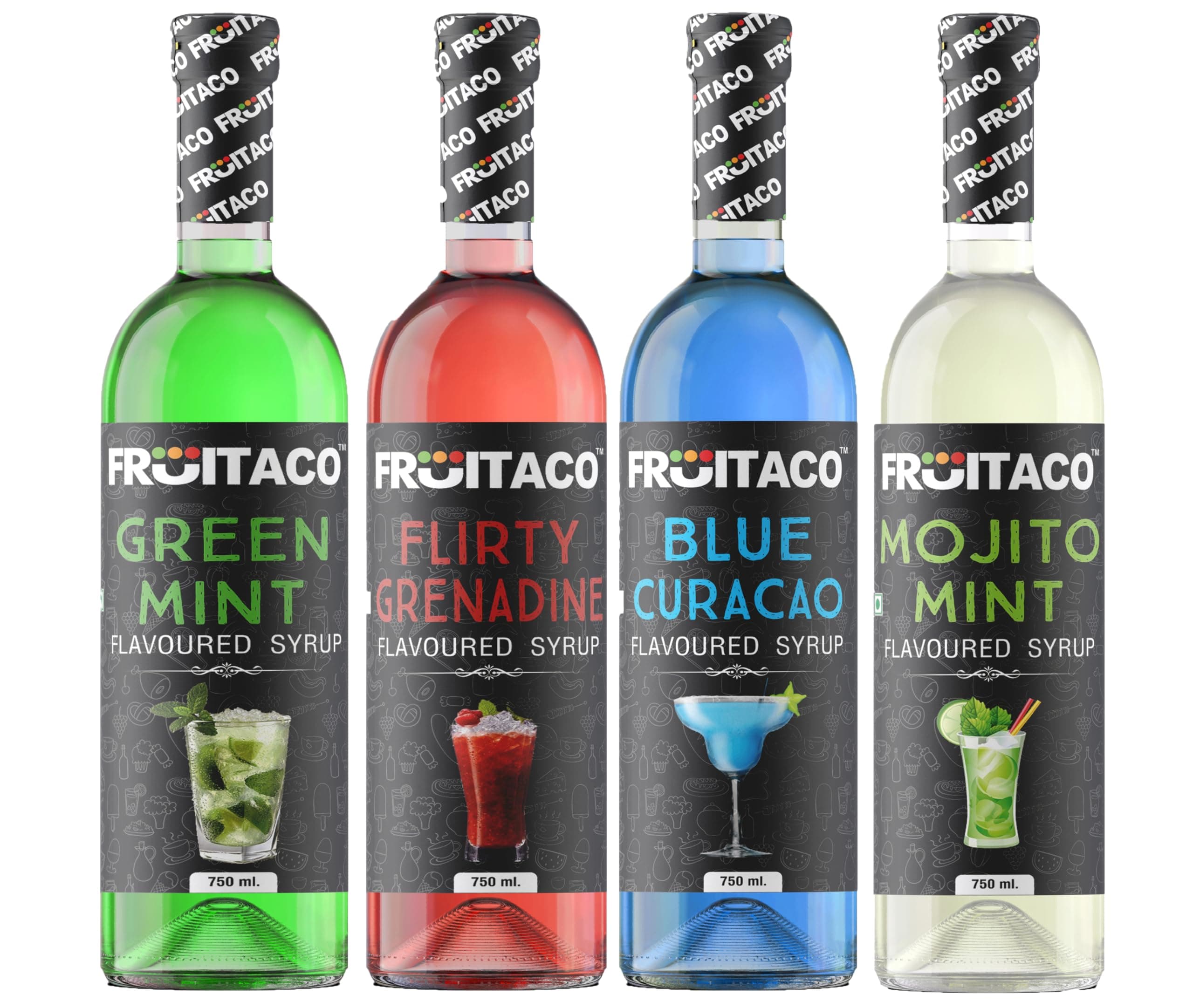 Blue Curacao Grenadine Green Mint Mojito Mint Syrups Combo, Pack of 4, 750 ml each
