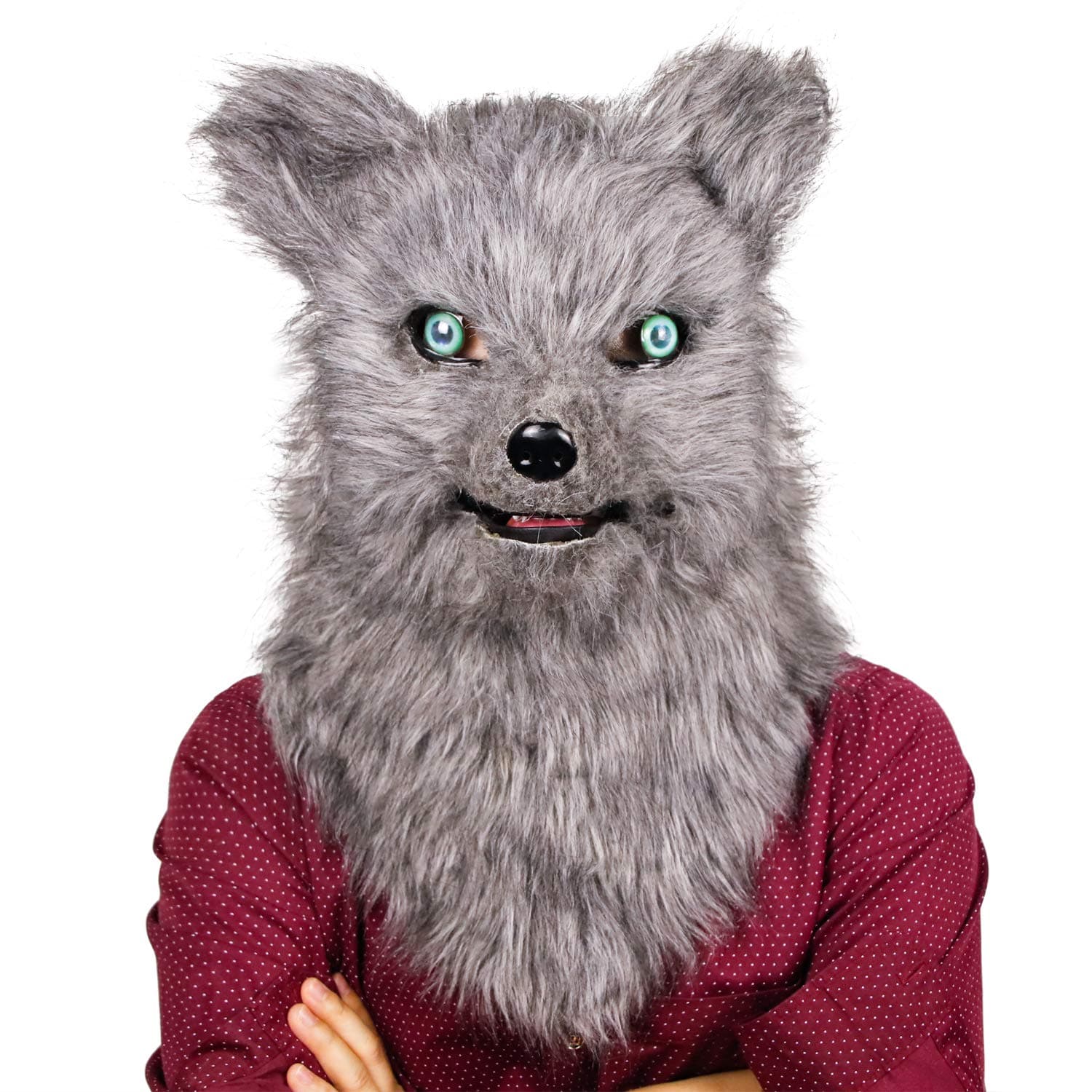 MOLEZU Movable Mouth Fox Mask, Costume Cosplay Mouth Mover Wolf Masks, Plush Faux Fur Suit for Halloween Party (White Fox) (B)