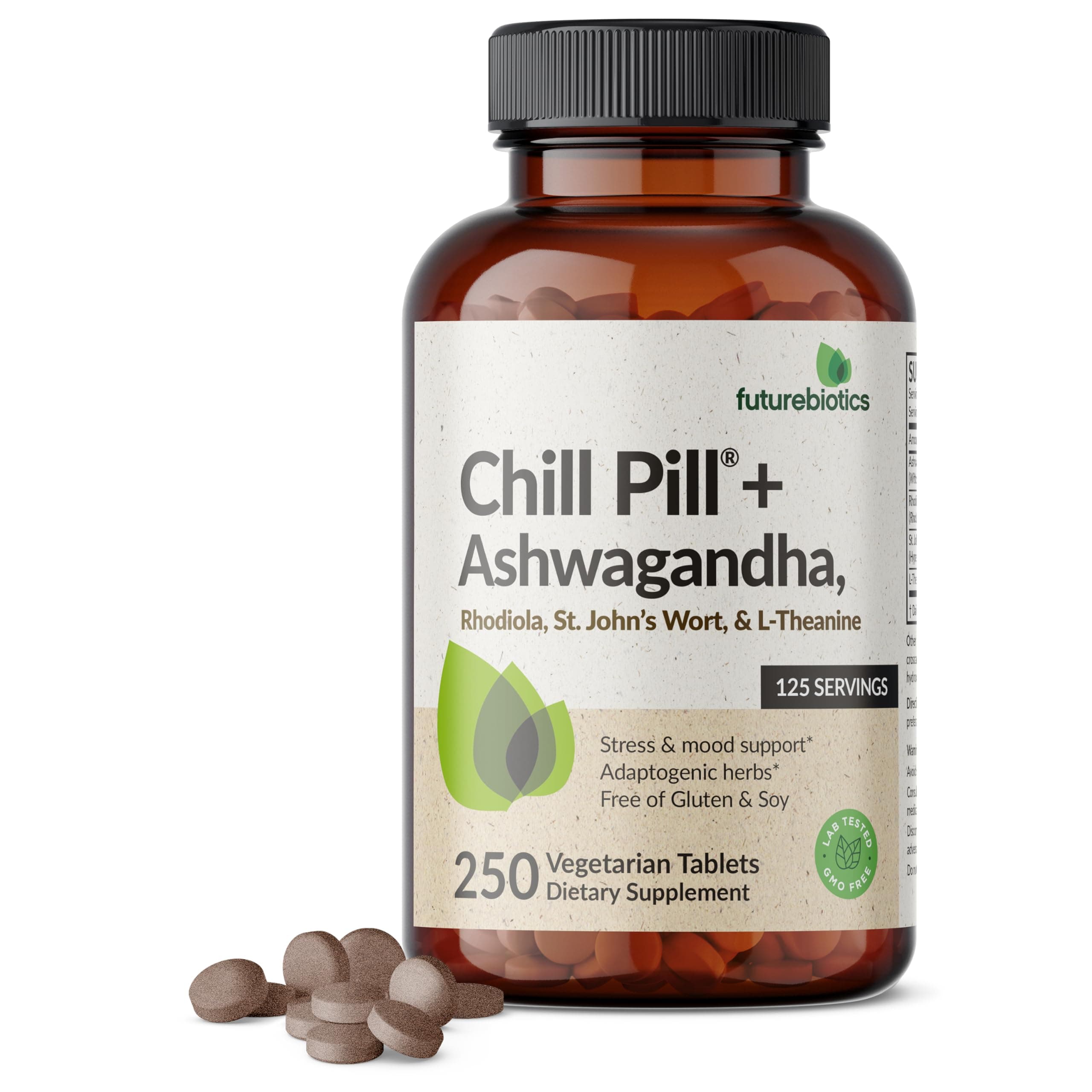 Futurebiotics Chill Pill + Ashwagandha, Rhodiola, St. John’s Wort, & L-Theanine - Non-GMO, 250 Vegetarian Tablets