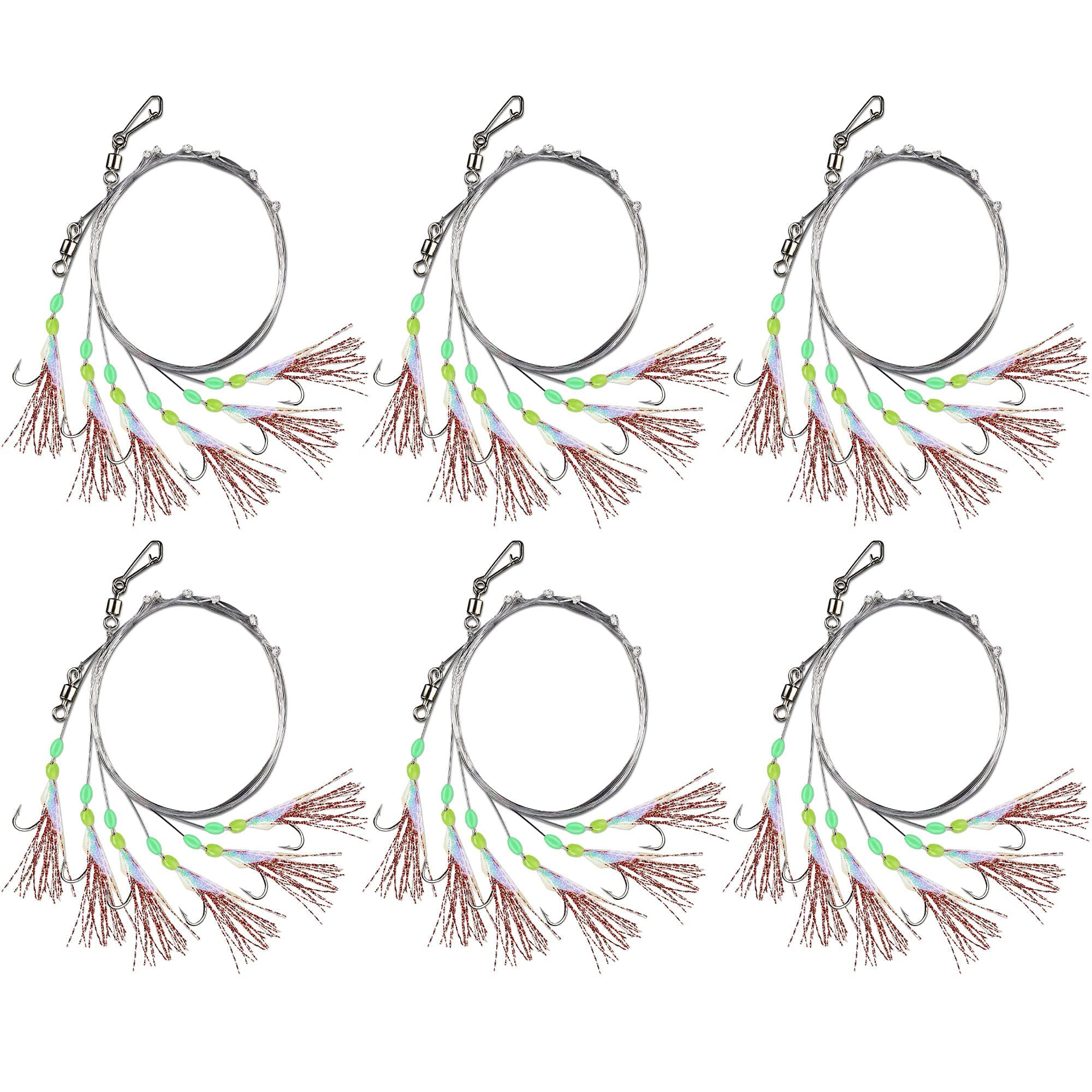Rodeel Pre-tied Sea Fishing Rigs, 6 Pack / 36 Hooks Fishing Feathers, with Luminous Beads Glowing Tail and Simulated Fish-skin Flasher, Attractor for Mackerel, Herring, Bass, Cod - For Day/Night Use