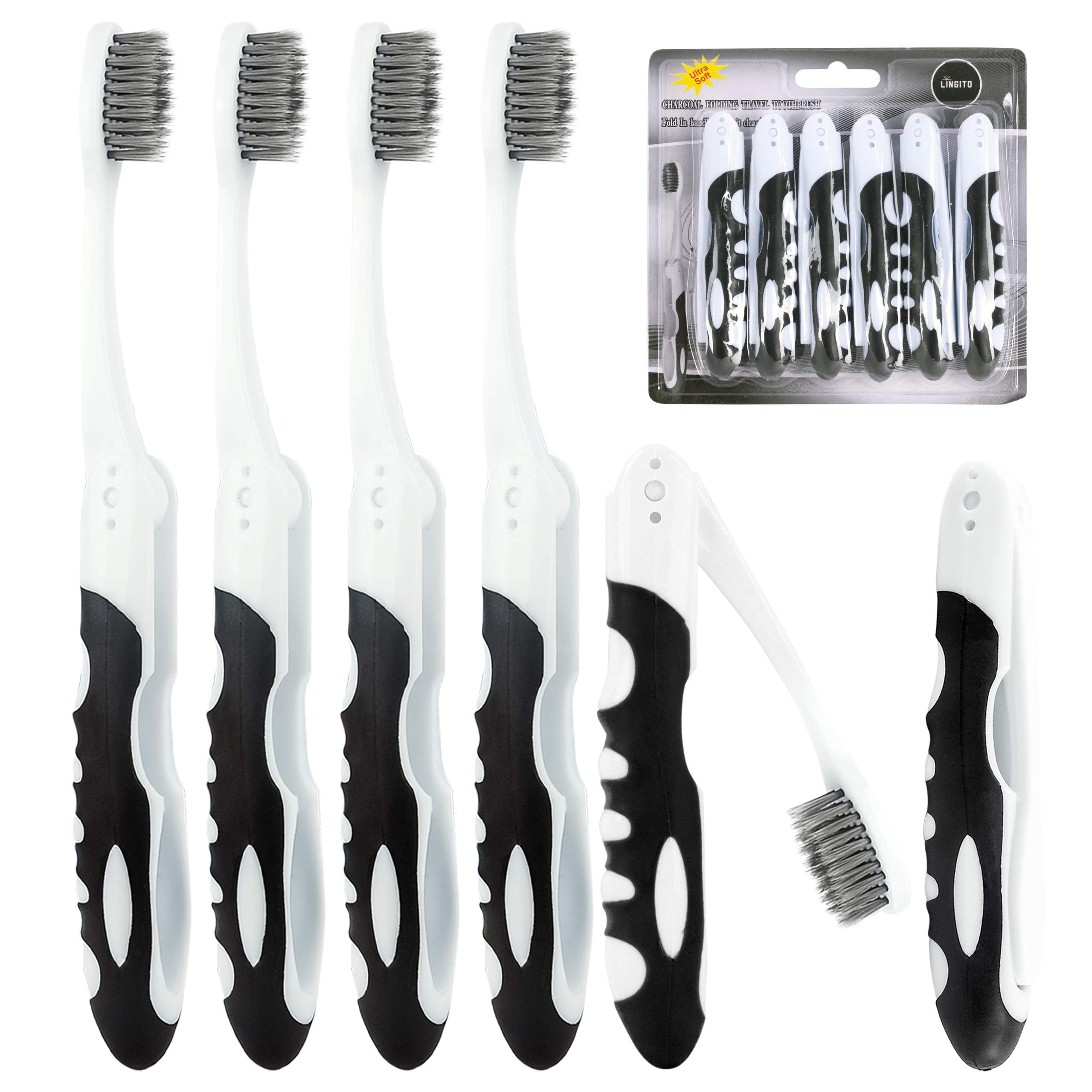Folding Toothbrush with Built-in Cover - Travel Size, Collapsible, Soft-Charcoal (6 Pack)