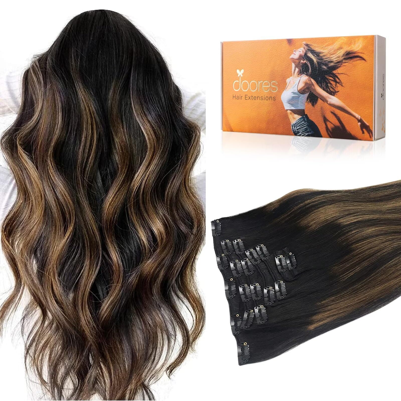 DOORES Human Hair Extensions Clip in Remy Black to Light Brown Balayage Clip in Hair Extensions Straight Natural Hair Extensions 7pcs 120g 18 Inch