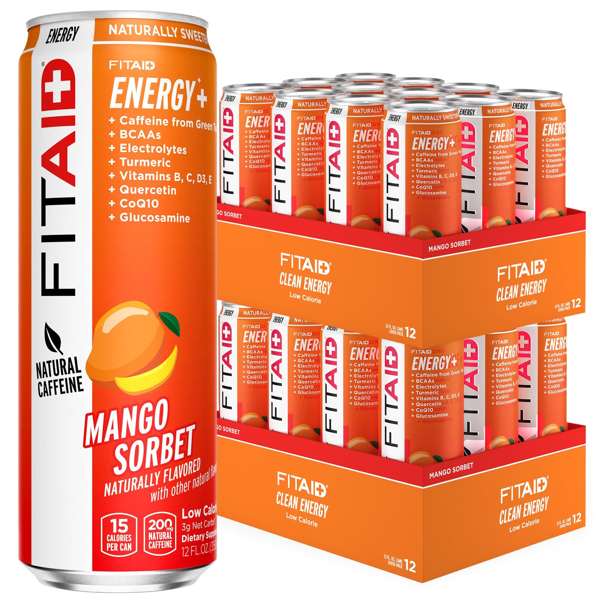 FITAID ENERGY, 200mg Natural Caffeine, Keto, Mango Sorbet, Optimum Performance Formula: BCAAs, Quercetin, Electrolytes, Omega-3s, 15 Calories, Paleo, Vegan & Gluten-Free, 12-oz. Cans (Pack of 24)