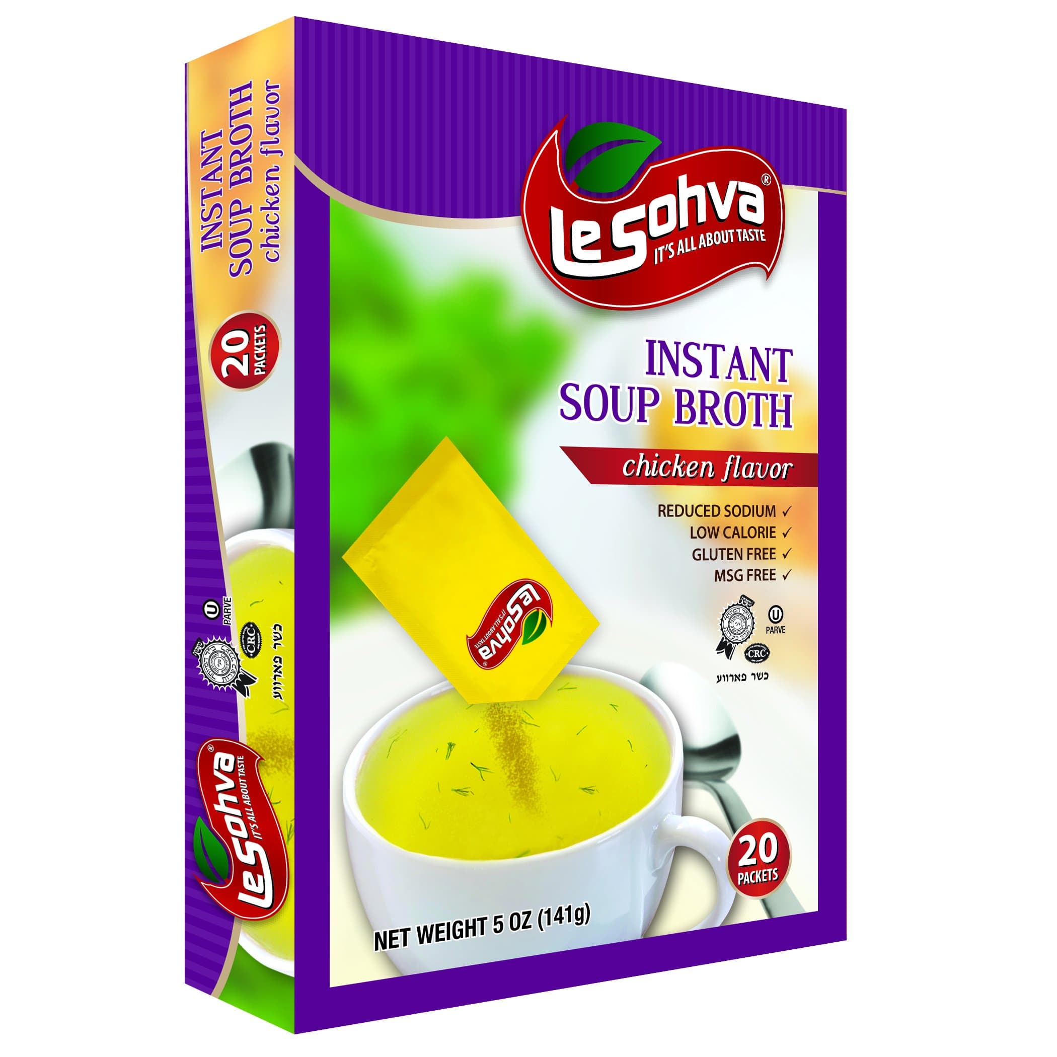 LeSohva Packet Instant Soup Broth Chicken & Vegetable Flavor, MSG / Gluten Free, 20 Packets / Servings (Chicken)