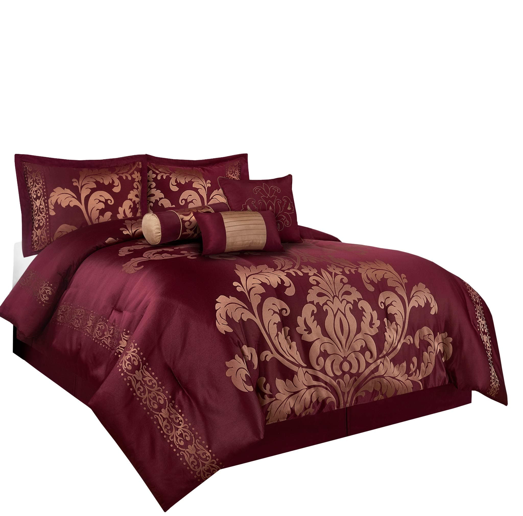 7-Piece Jacquard Floral Comforter Set (California King, Maroon)