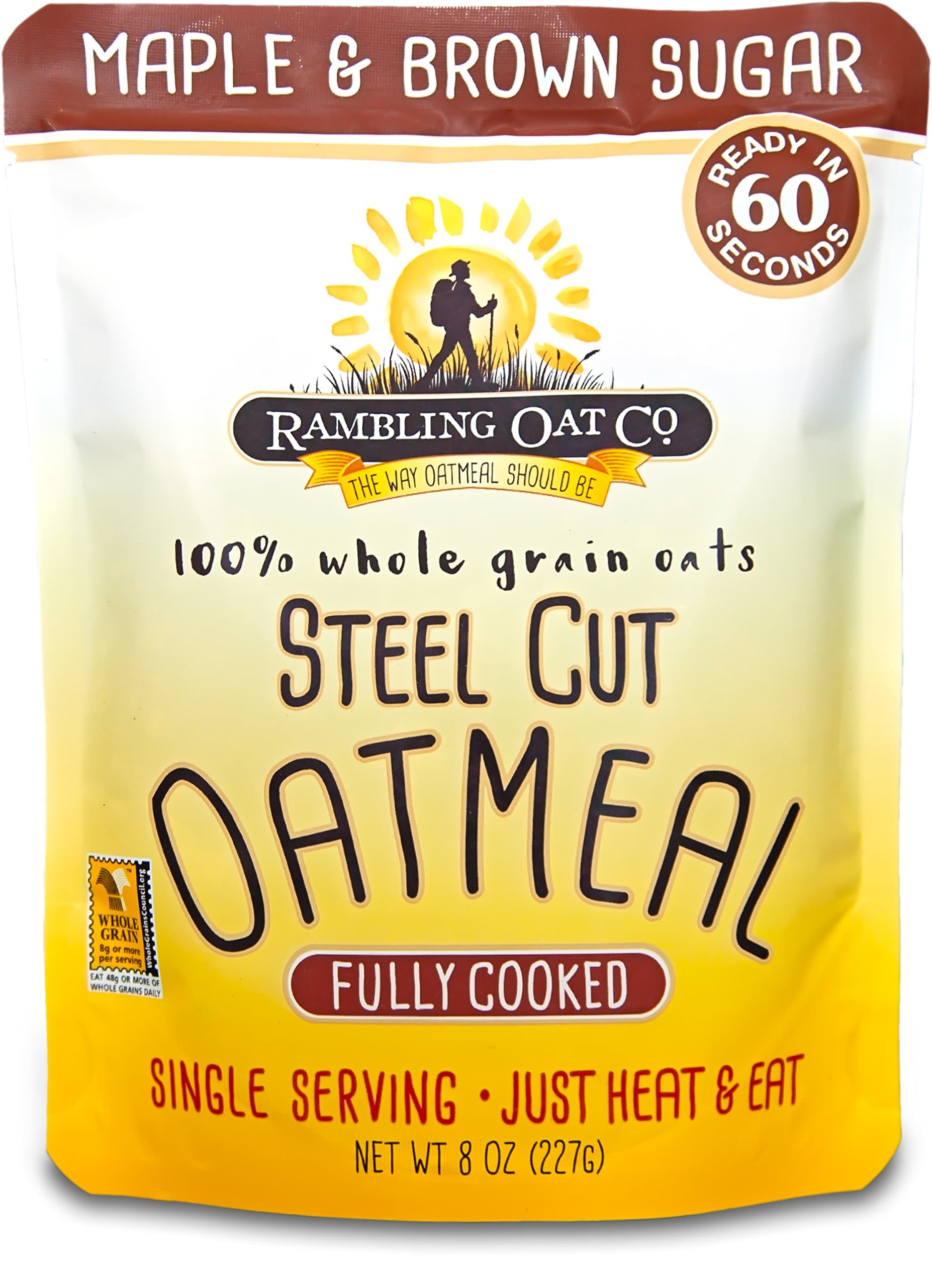 Rambling Oat Company Fully Cooked Steel Cut Oatmeal (8 Pouches) - Just Heat and Eat - Quick Instant Oats (Maple & Brown Sugar)